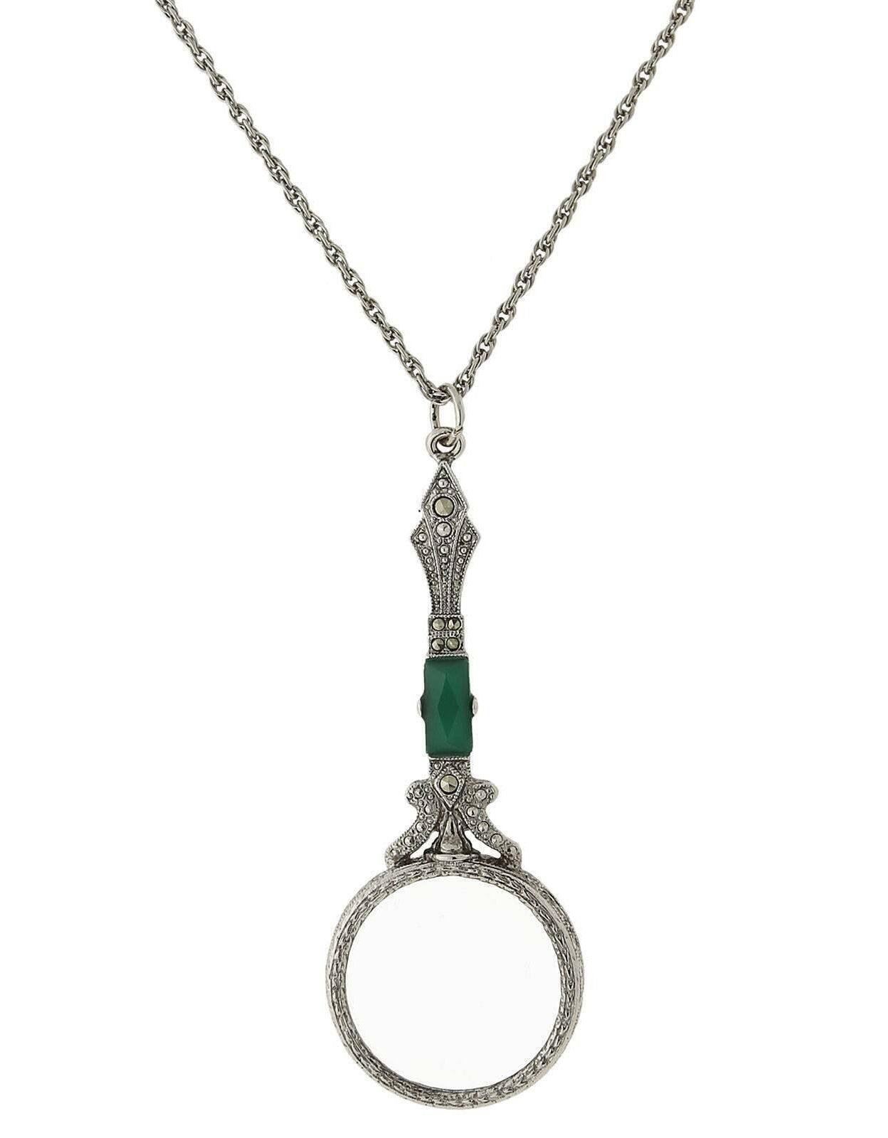 1928 Jewelry Deco Marcasite Baguette Stone Round Magnifying Glass Necklace 28" - Magnification Power: 6-7X