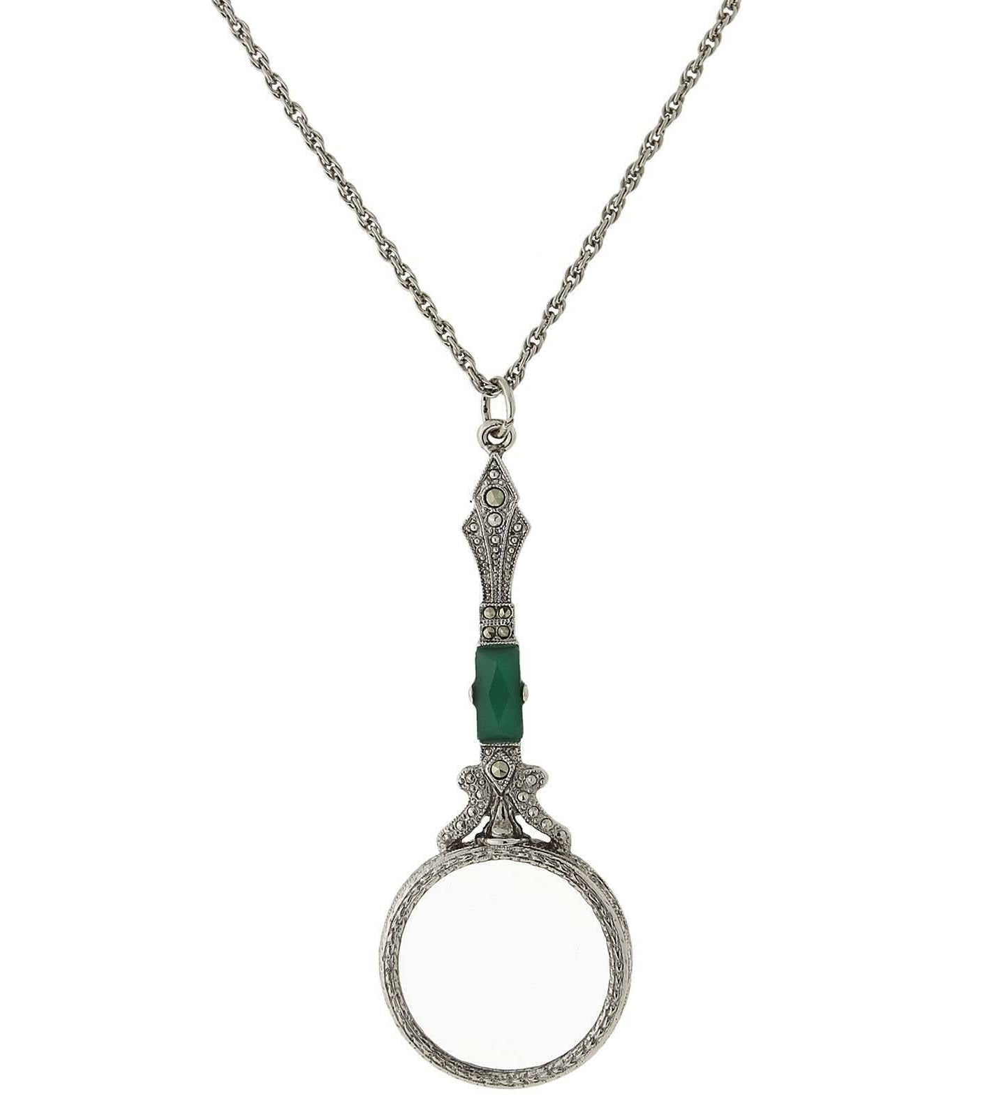 1928 Jewelry Deco Marcasite Baguette Stone Round Magnifying Glass Necklace 28" - Magnification Power: 6-7X