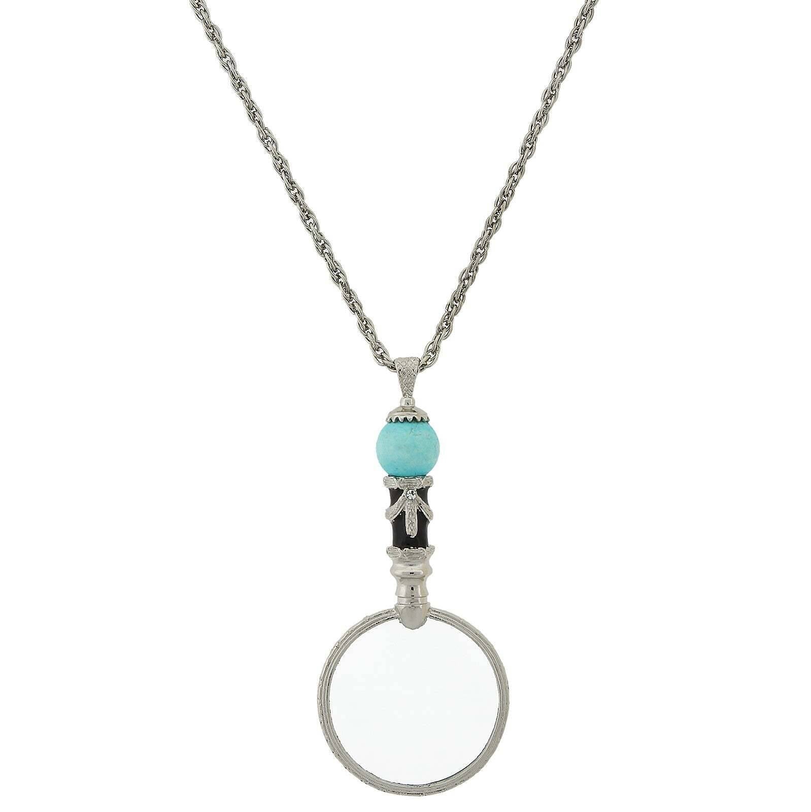 1928 Jewelry Deco Magnifying Glass Gemstone Black Enamel Pendant Necklace 30" - Magnification Power: 2X