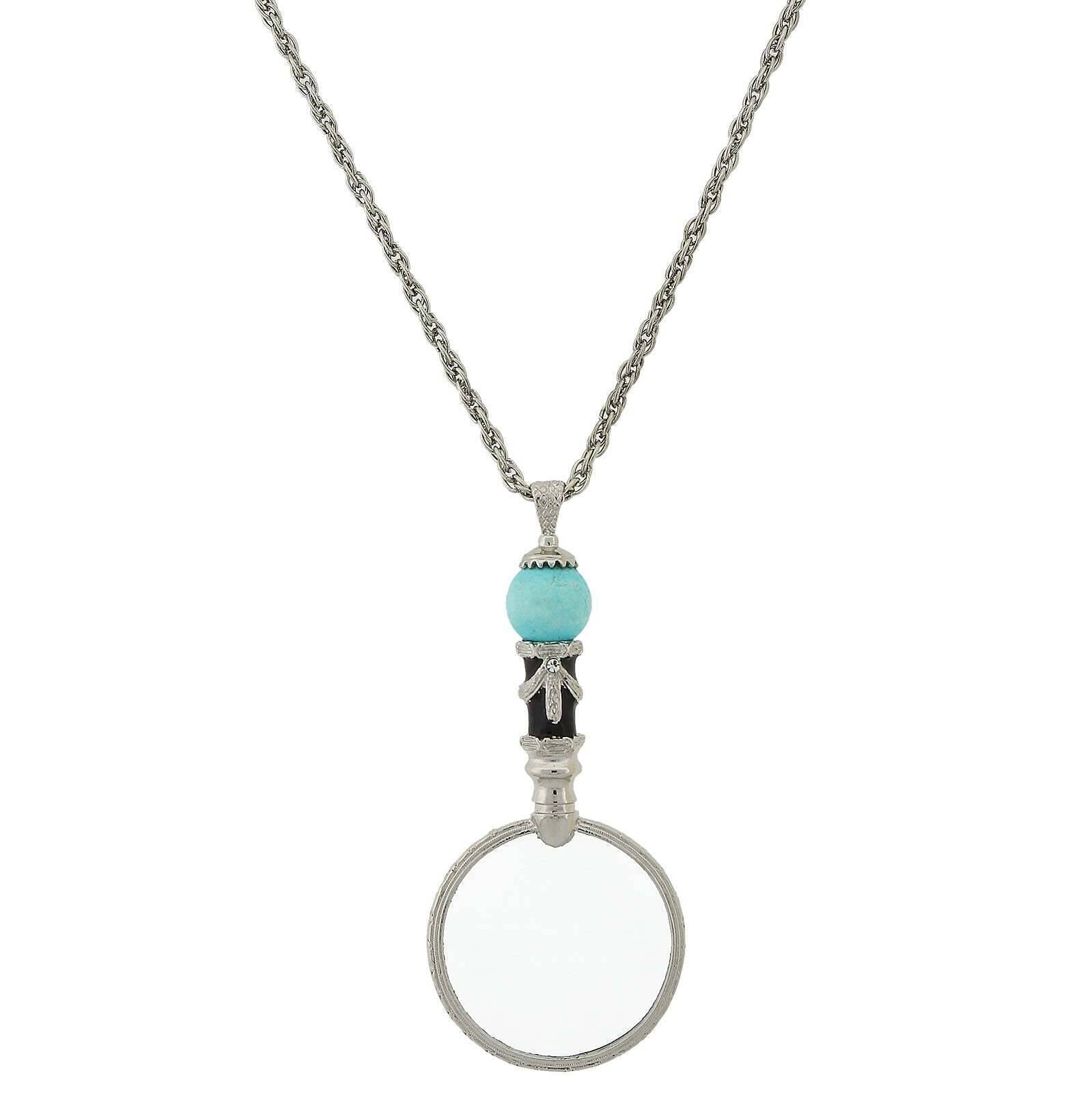 1928 Jewelry Deco Magnifying Glass Gemstone Black Enamel Pendant Necklace 30" - Magnification Power: 2X