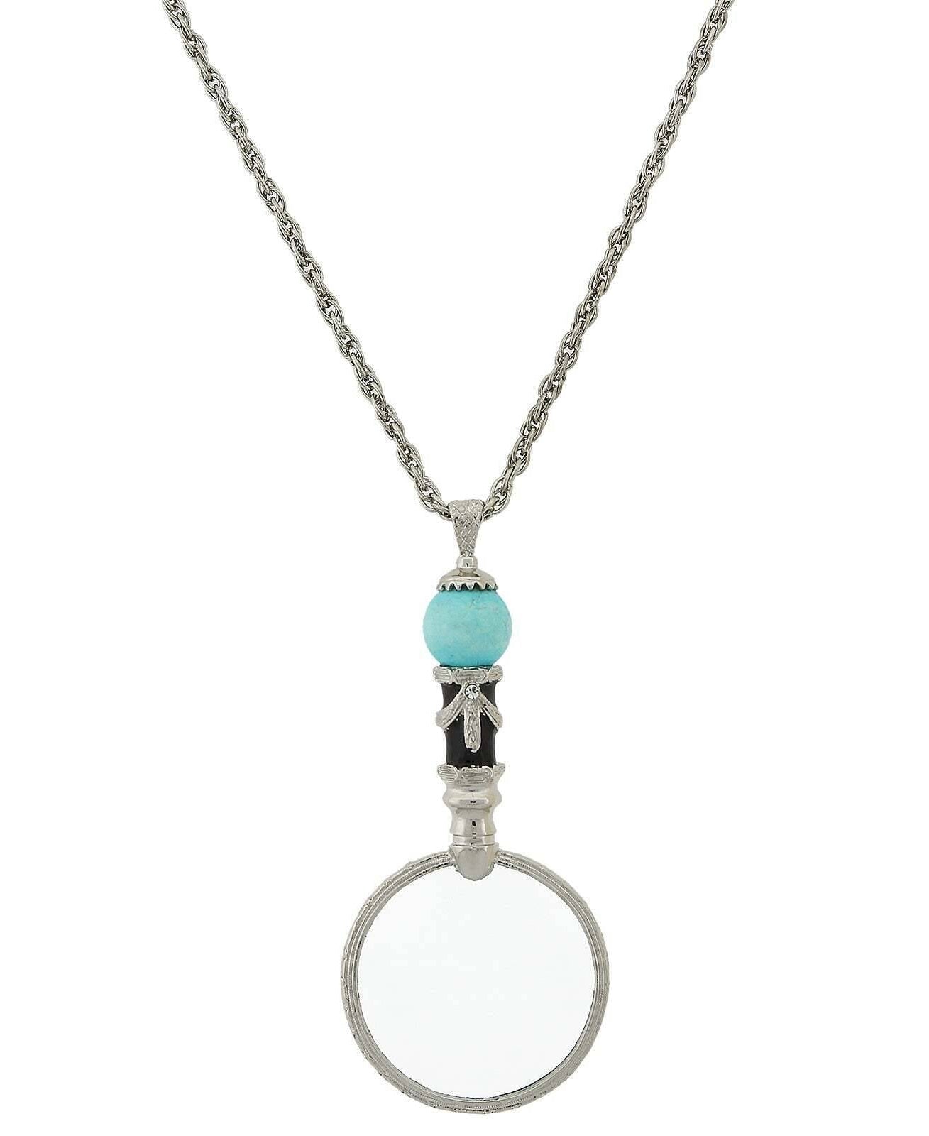 1928 Jewelry Deco Magnifying Glass Gemstone Black Enamel Pendant Necklace 30" - Magnification Power: 2X