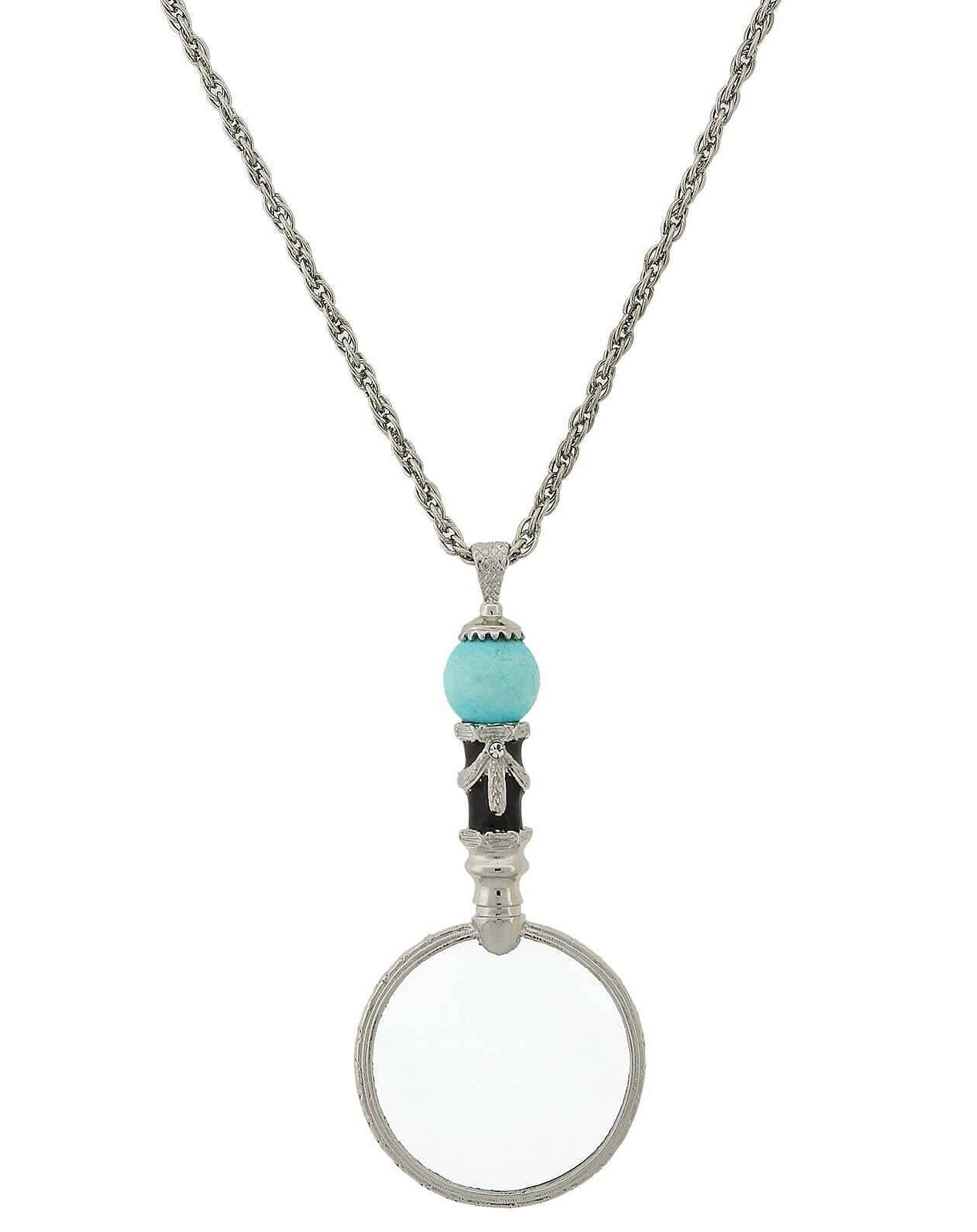 1928 Jewelry Deco Magnifying Glass Gemstone Black Enamel Pendant Necklace 30" - Magnification Power: 2X