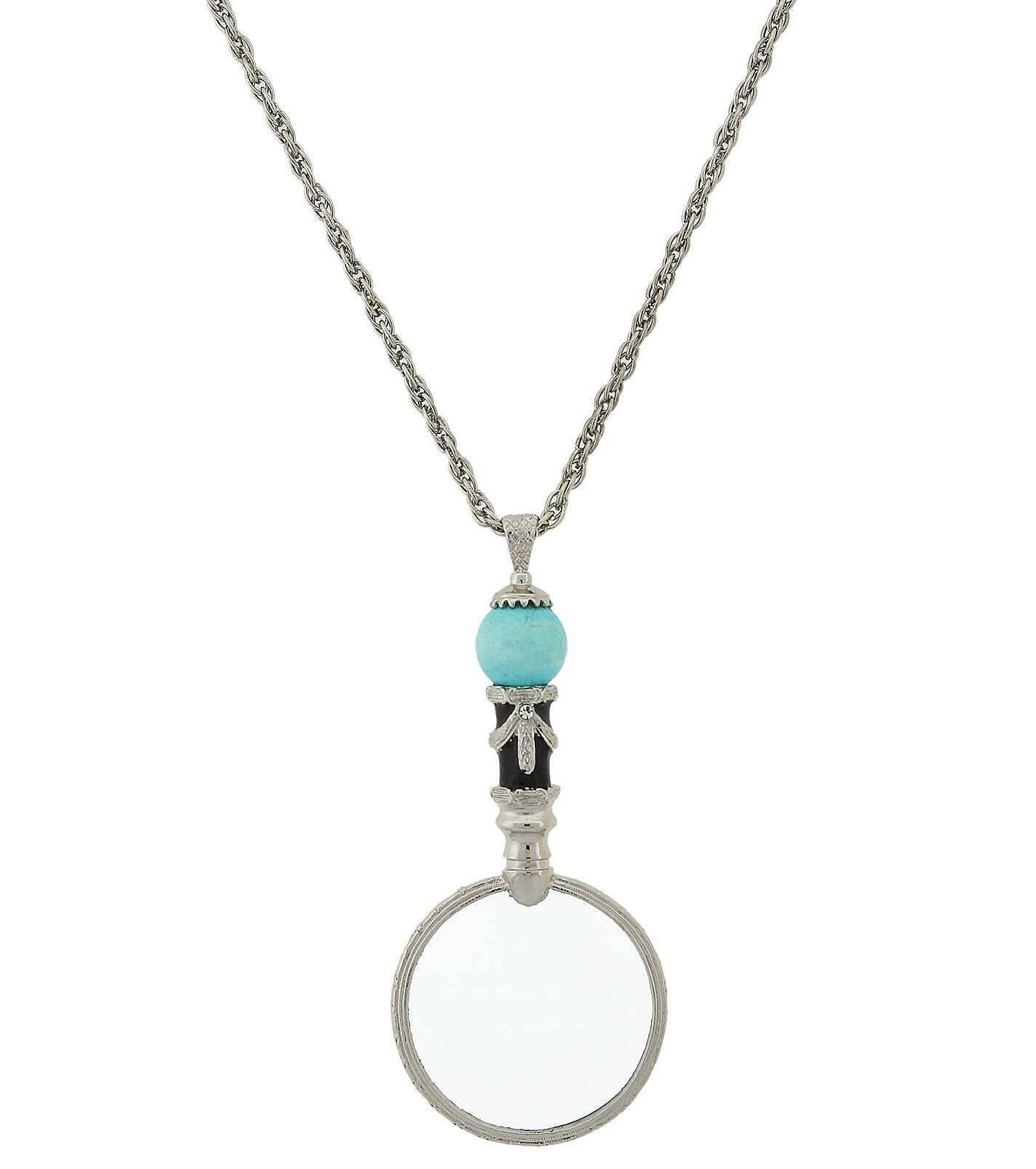 1928 Jewelry Deco Magnifying Glass Gemstone Black Enamel Pendant Necklace 30" - Magnification Power: 2X