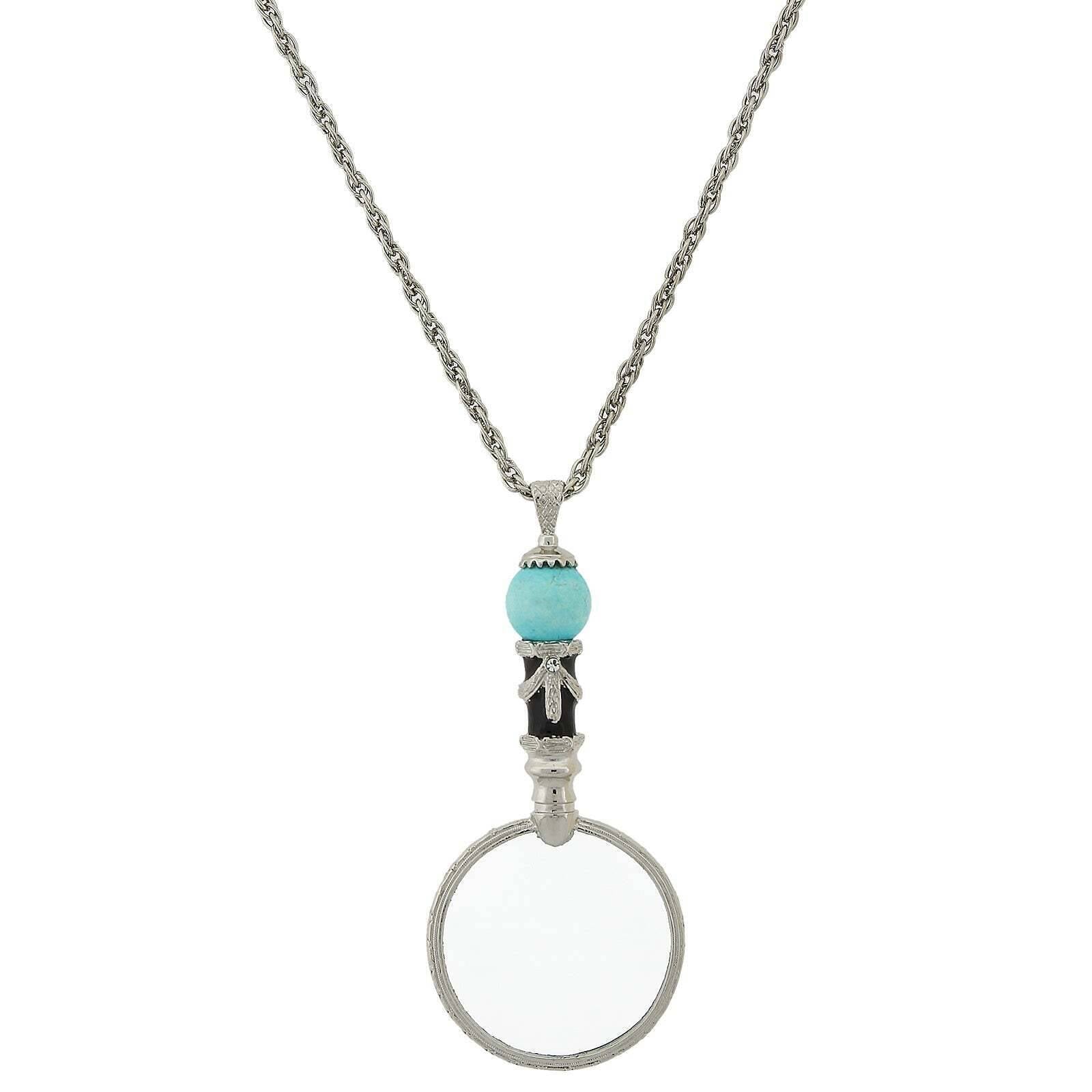 1928 Jewelry Deco Magnifying Glass Gemstone Black Enamel Pendant Necklace 30" - Magnification Power: 2X