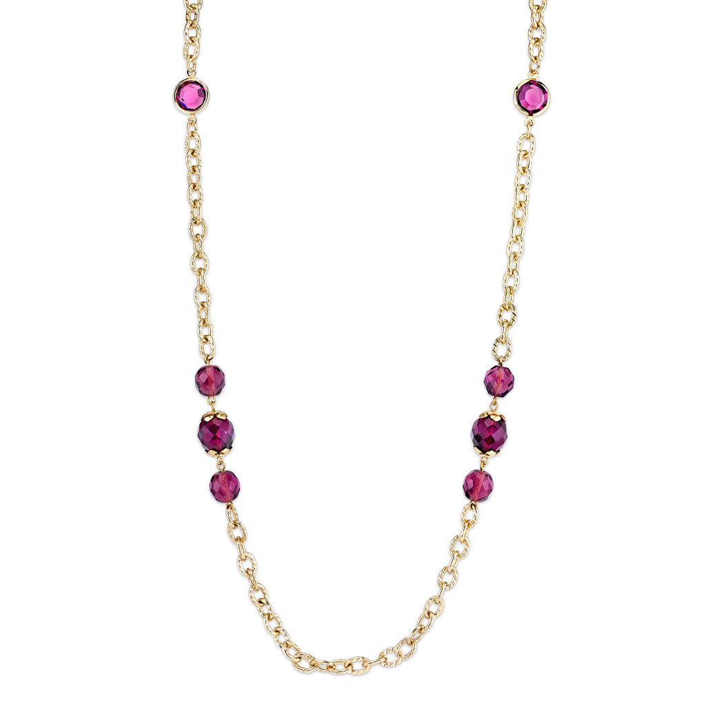Gold Tone Chain And Purple Beaded Long Strand Necklace 42 In