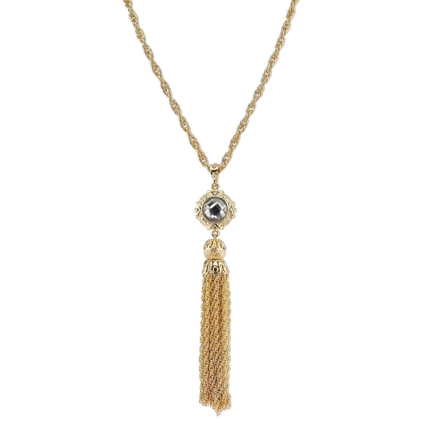 2028 Jewelry Round Crystal Gold Tassel Necklace 28"