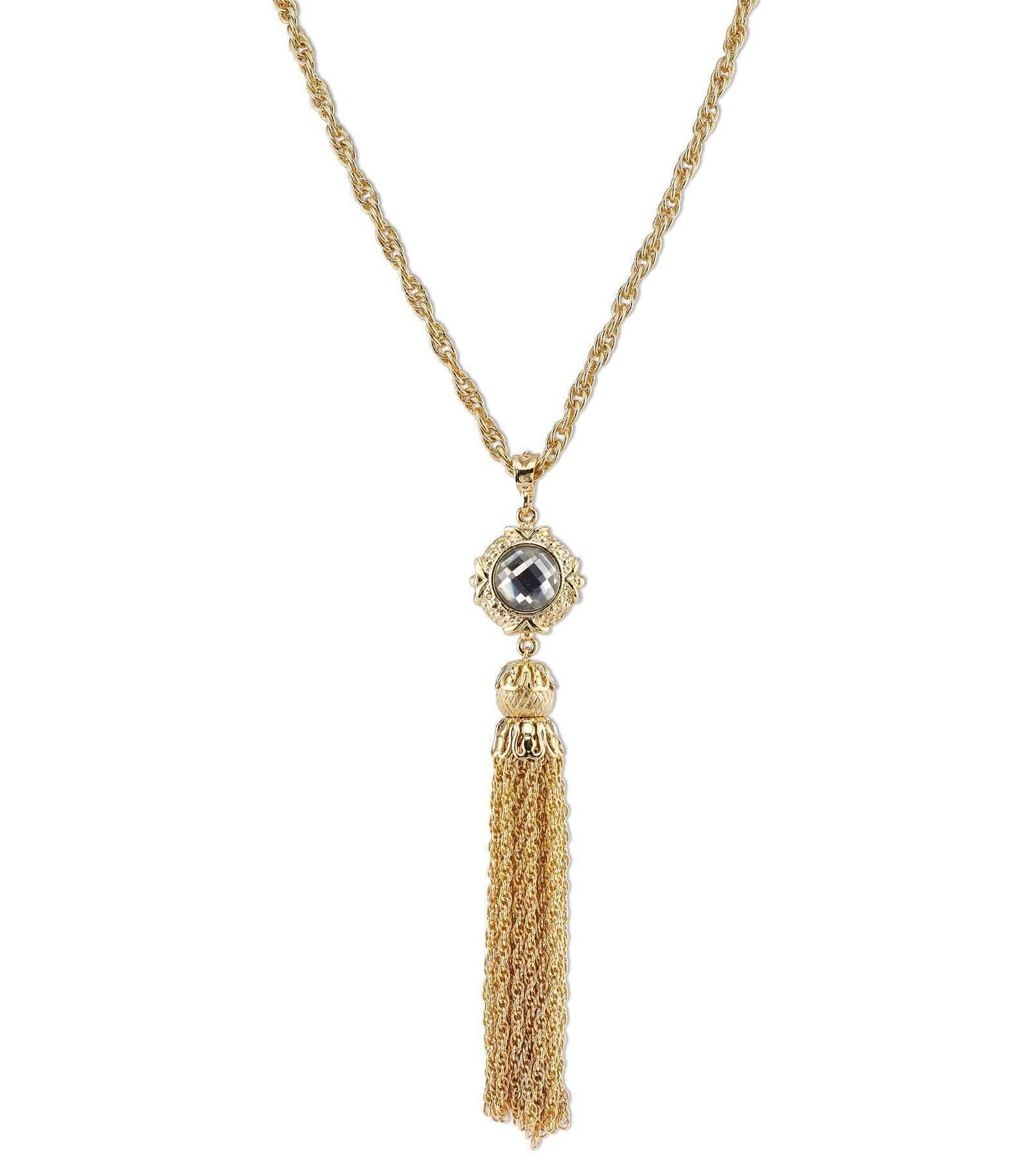 2028 Jewelry Round Crystal Gold Tassel Necklace 28"