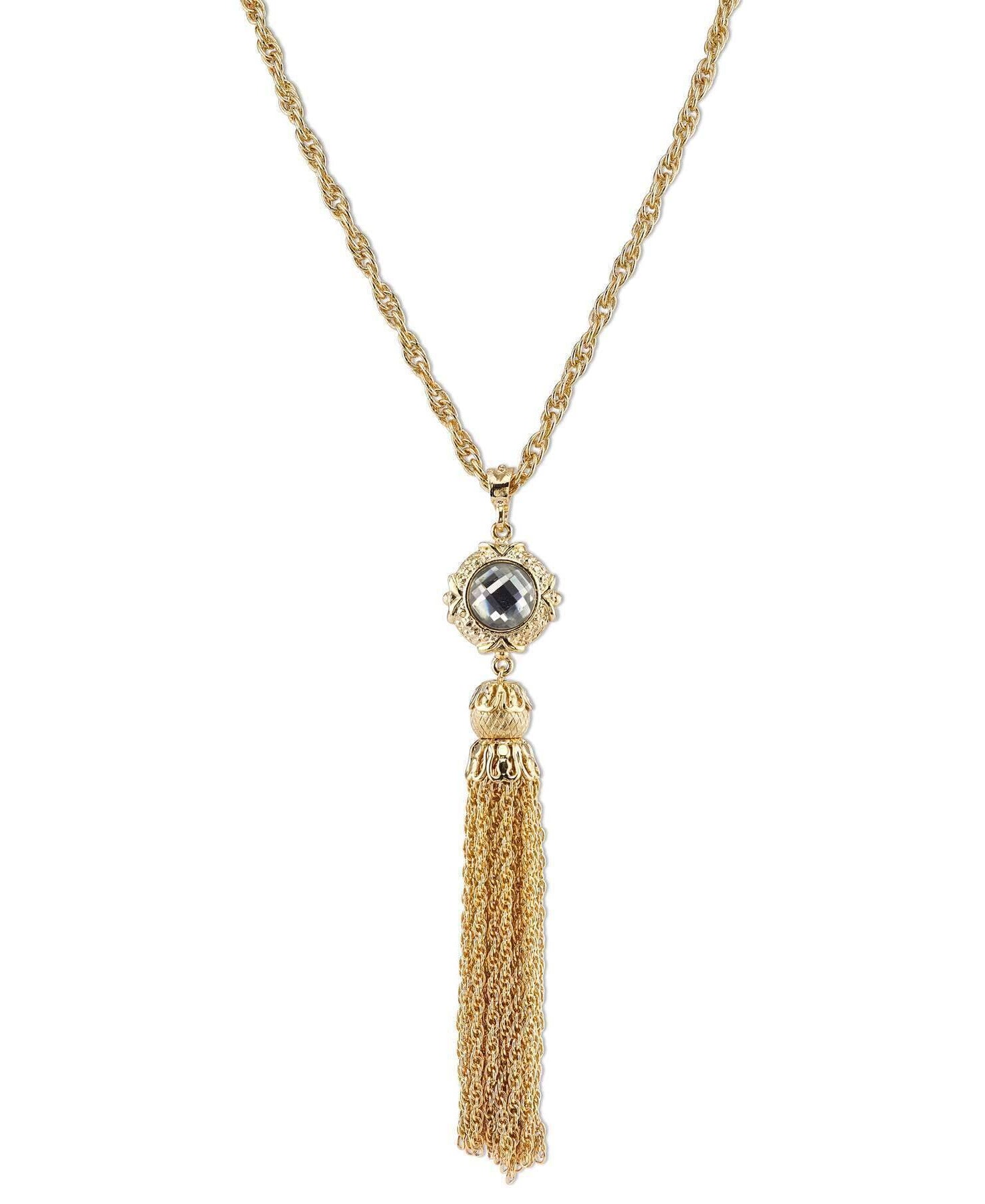 2028 Jewelry Round Crystal Gold Tassel Necklace 28"