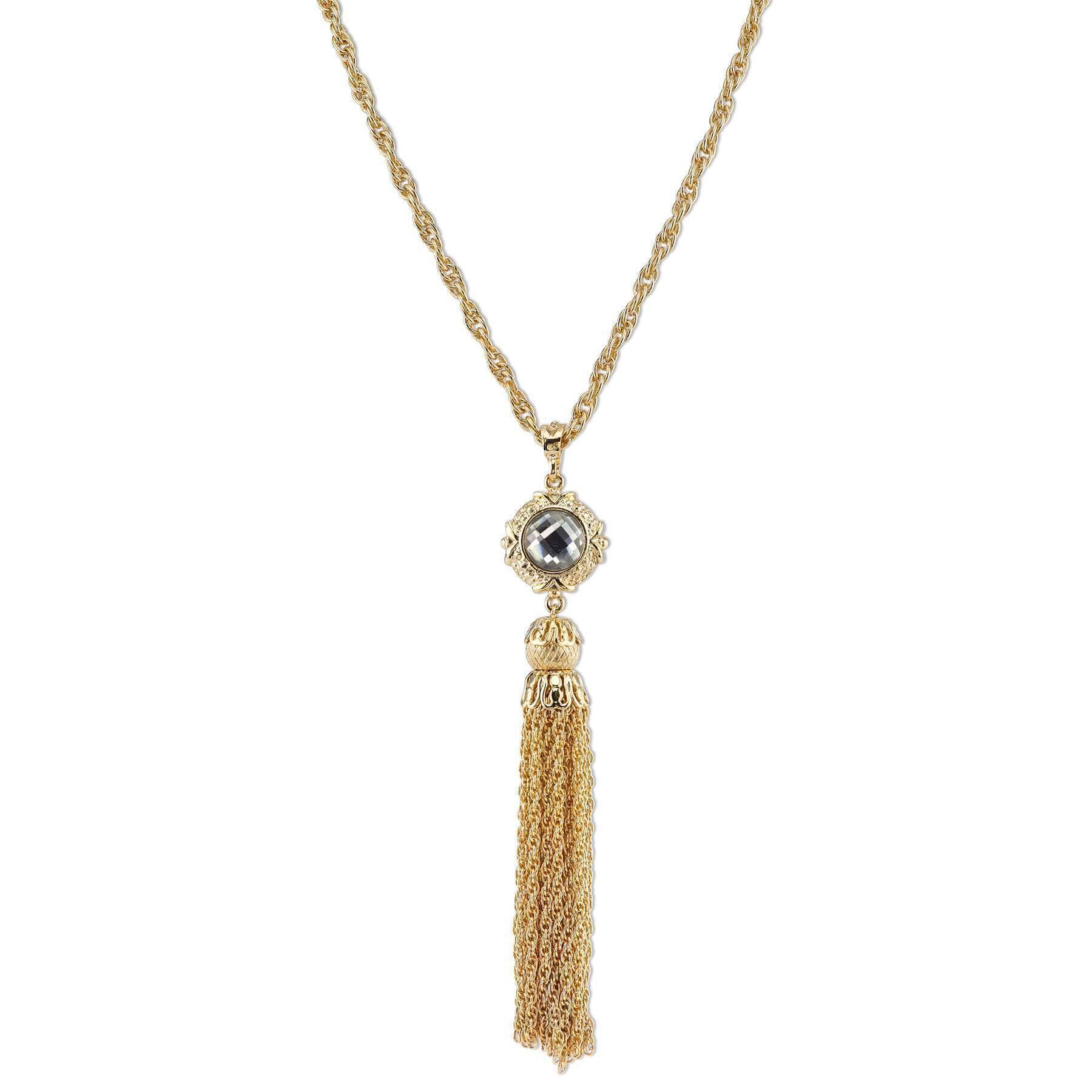 2028 Jewelry Round Crystal Gold Tassel Necklace 28"