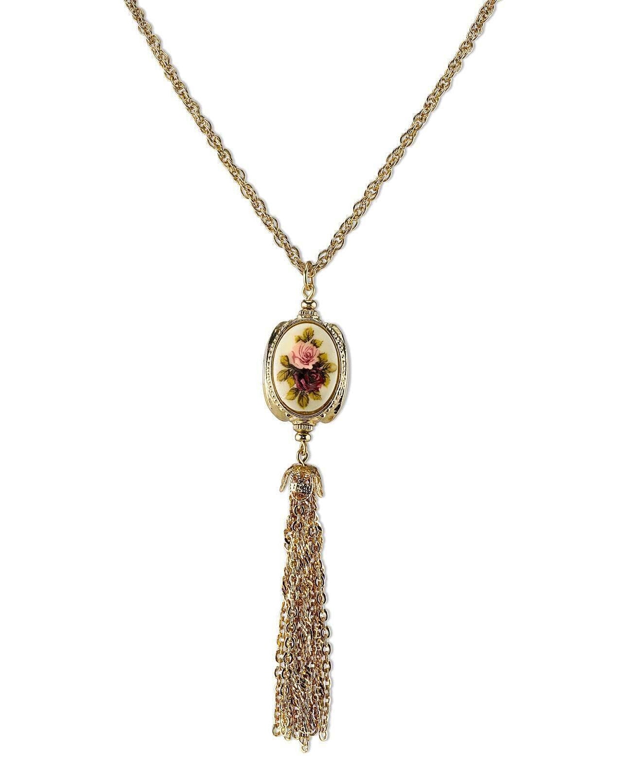 1928 Jewelry Manor House Ivory 3-Sided Roses Spinner Tassel Y-Necklace 28"