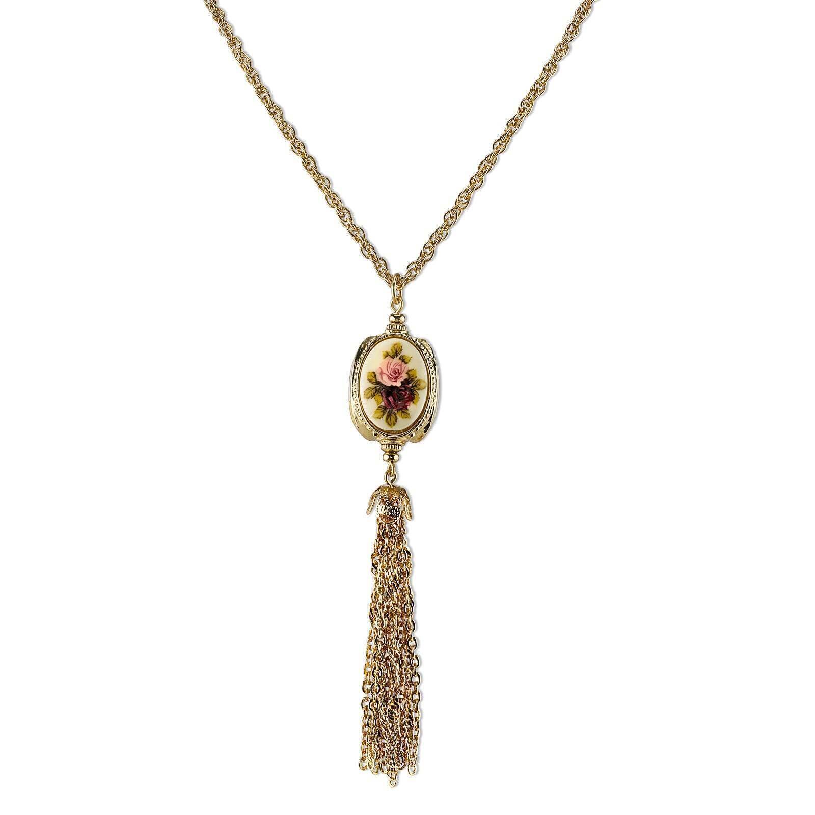 1928 Jewelry Manor House Ivory 3-Sided Roses Spinner Tassel Y-Necklace 28"