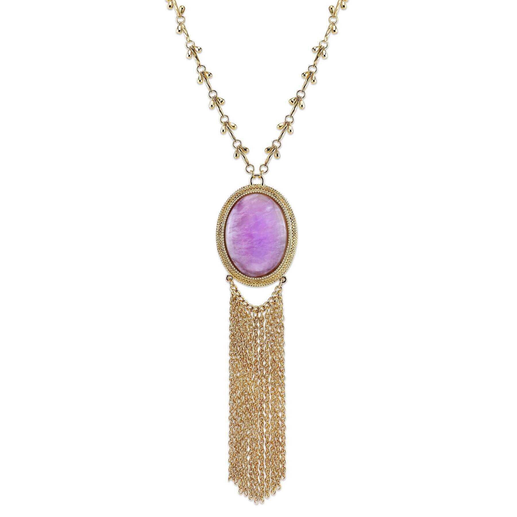 2028 Jewelry Purple Amethyst Gemstone Pendant Gold Tassel Necklace 26" + 3: Extender