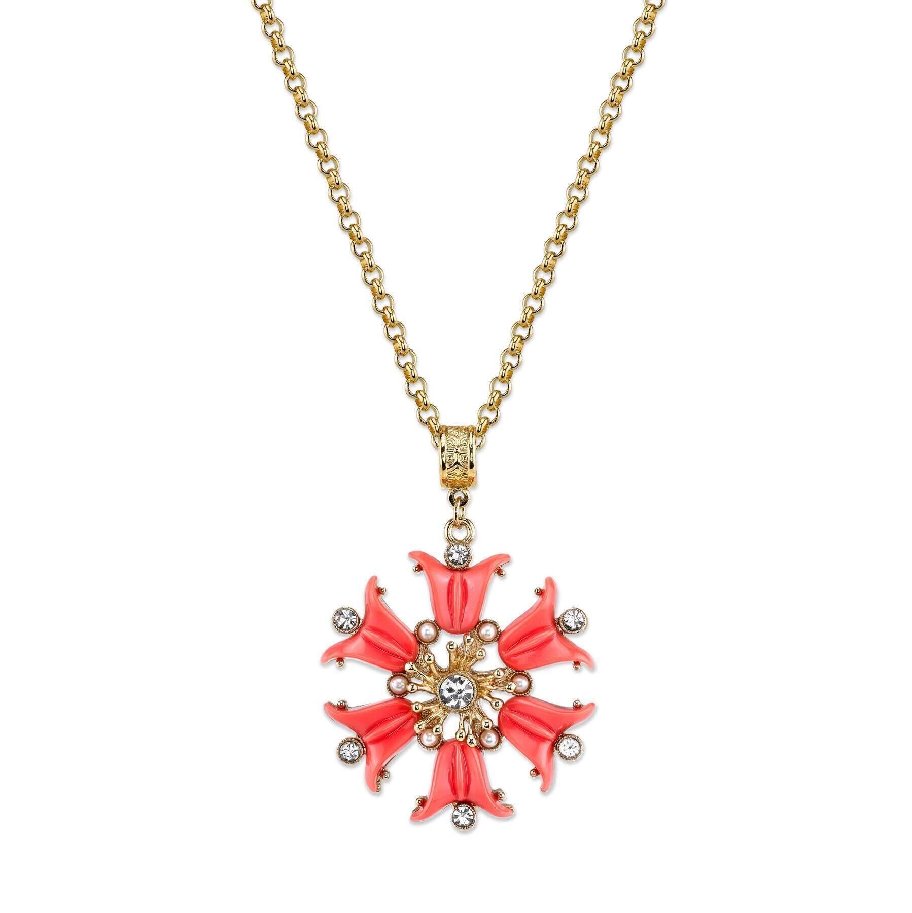 2028 Jewelry Coral Orange, Crystal And Faux Pearl Flower Pendant 30" Necklace