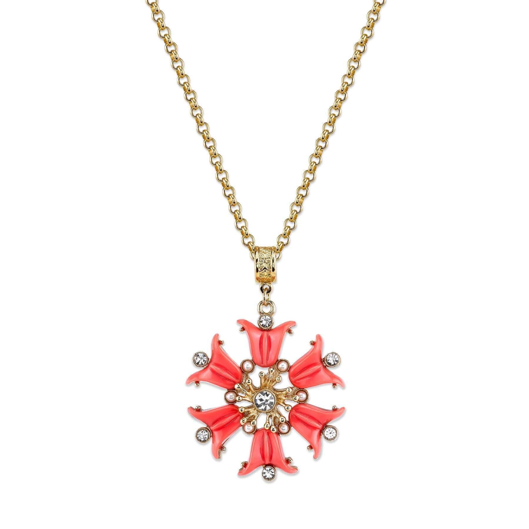2028 Jewelry Coral Orange, Crystal And Faux Pearl Flower Pendant 30" Necklace