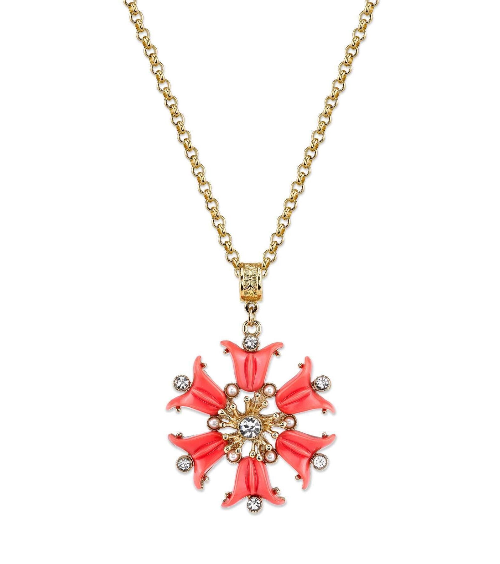 2028 Jewelry Coral Orange, Crystal And Faux Pearl Flower Pendant 30" Necklace