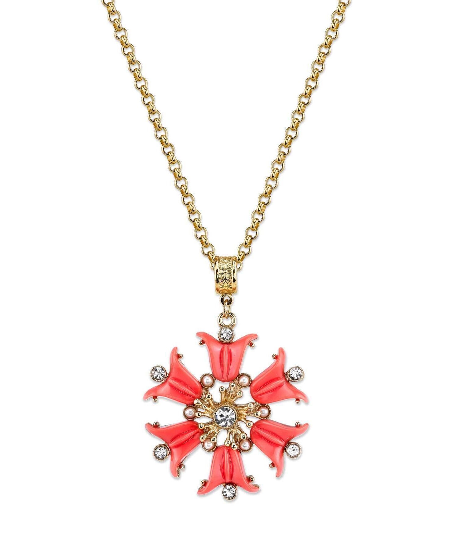 2028 Jewelry Coral Orange, Crystal And Faux Pearl Flower Pendant 30" Necklace