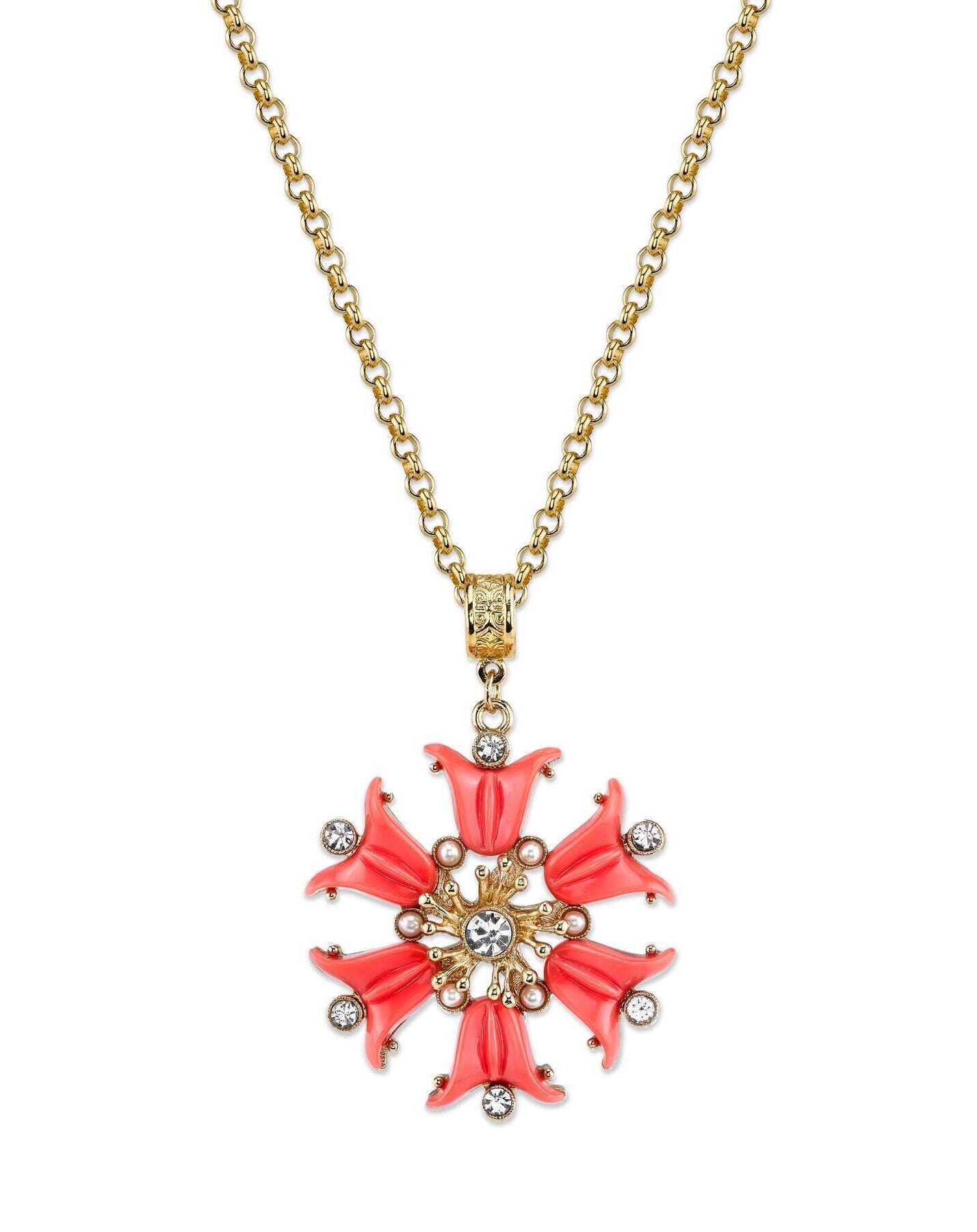 2028 Jewelry Coral Orange, Crystal And Faux Pearl Flower Pendant 30" Necklace