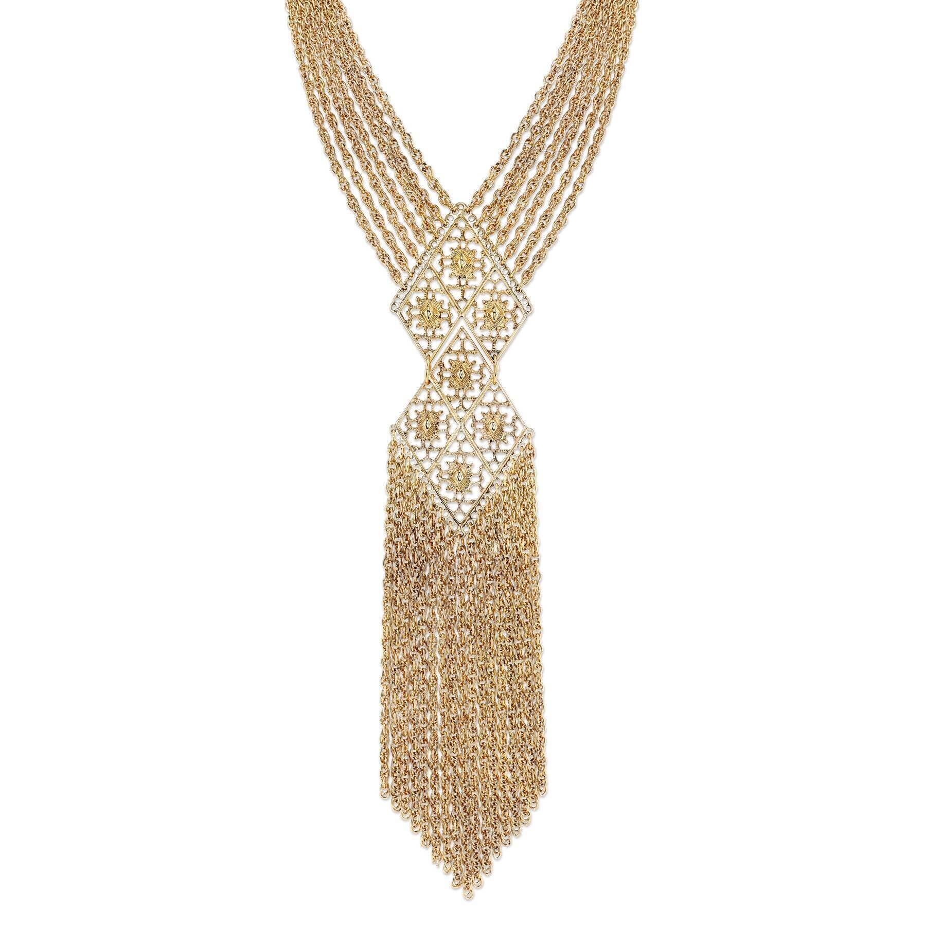 2028 Jewelry Filigree Tassel Fringe Statement Necklace 18"