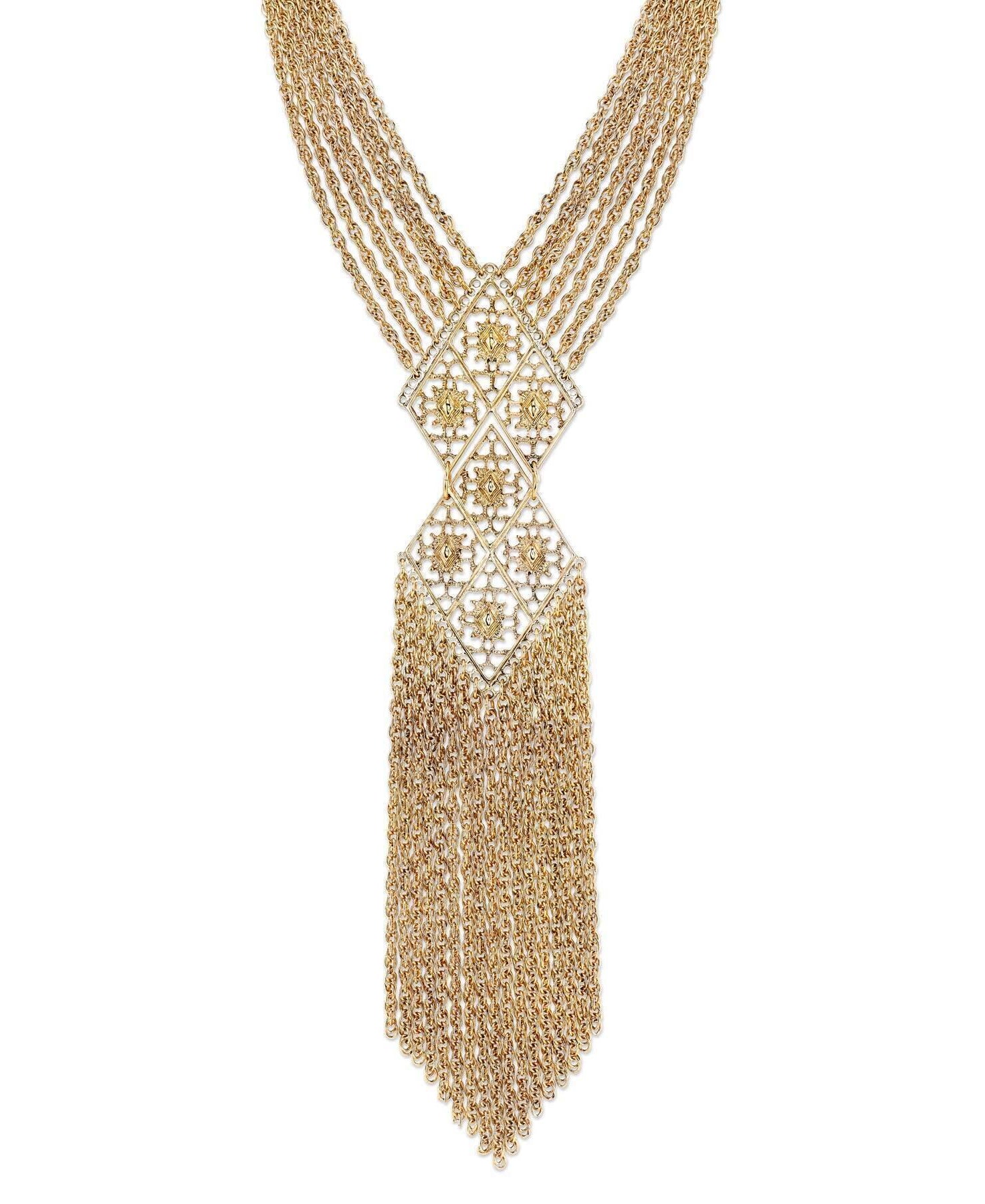 2028 Jewelry Filigree Tassel Fringe Statement Necklace 18"