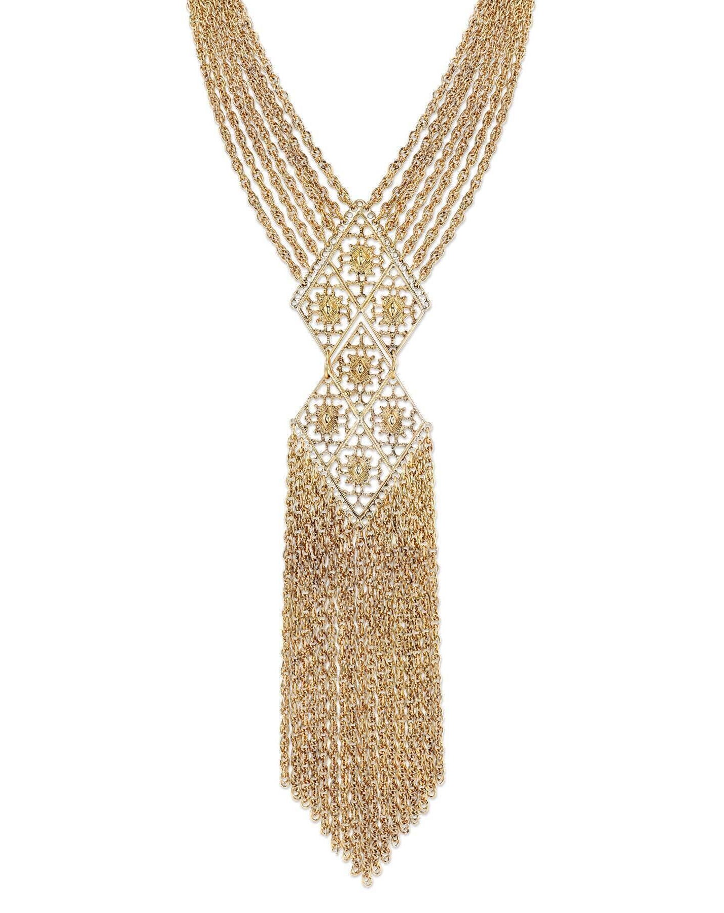 2028 Jewelry Filigree Tassel Fringe Statement Necklace 18"