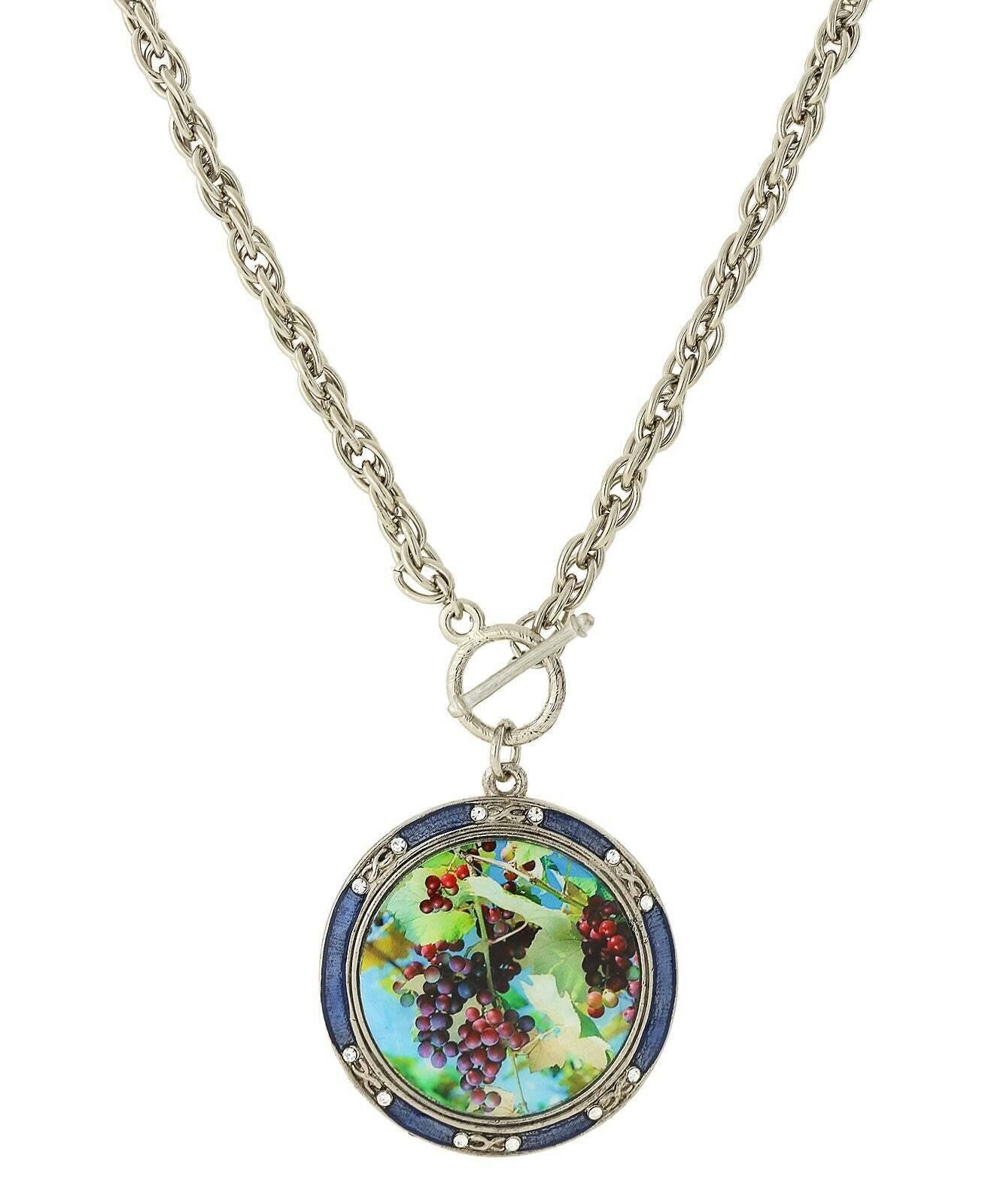 1928 Jewelry Winery Enamel Multi-Color Grapes Decal Large Pendant Toggle Necklace 26"