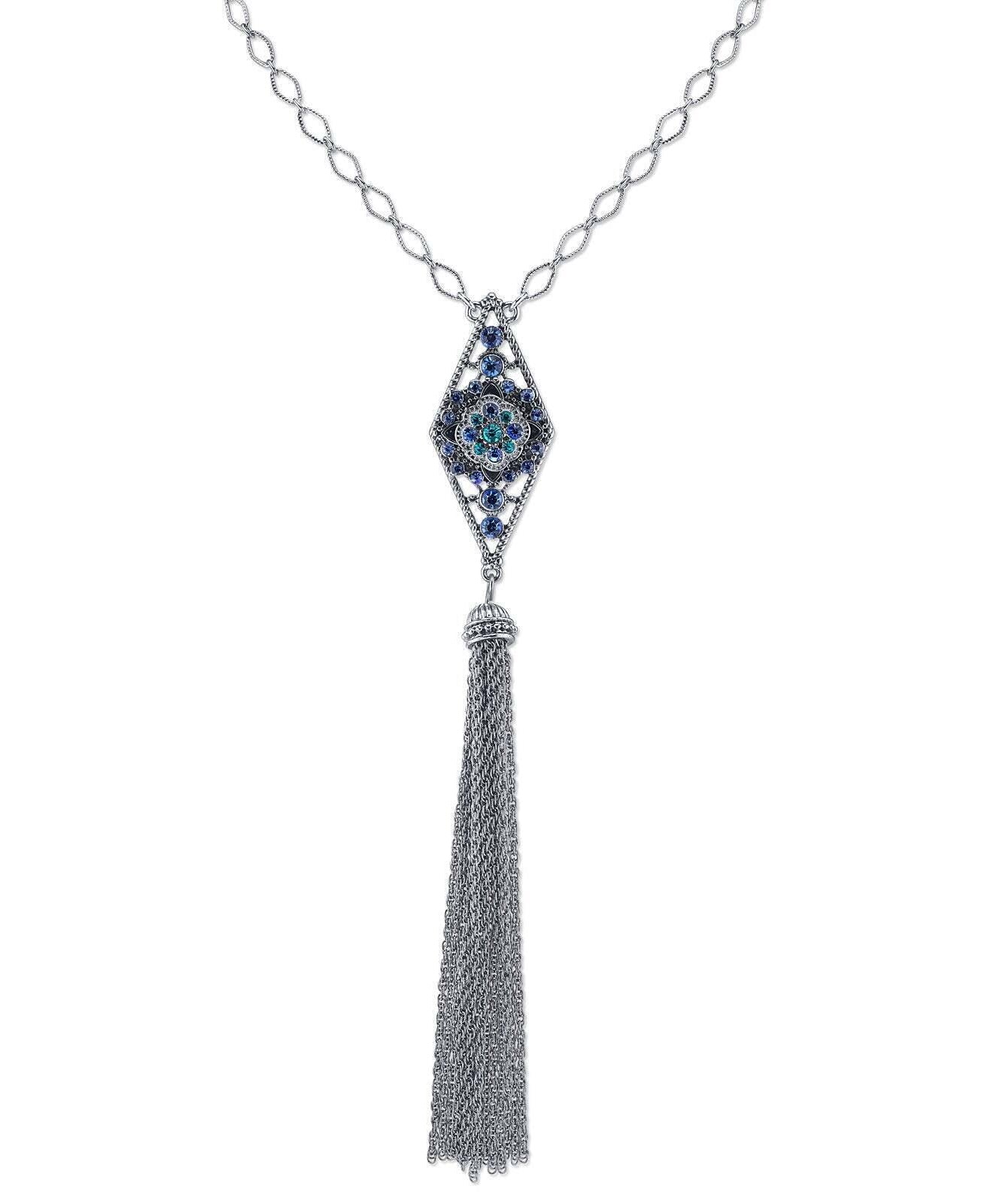 1928 Jewelry Multi Blue Crystal Diamond Link Chain Tassel Necklace 26"