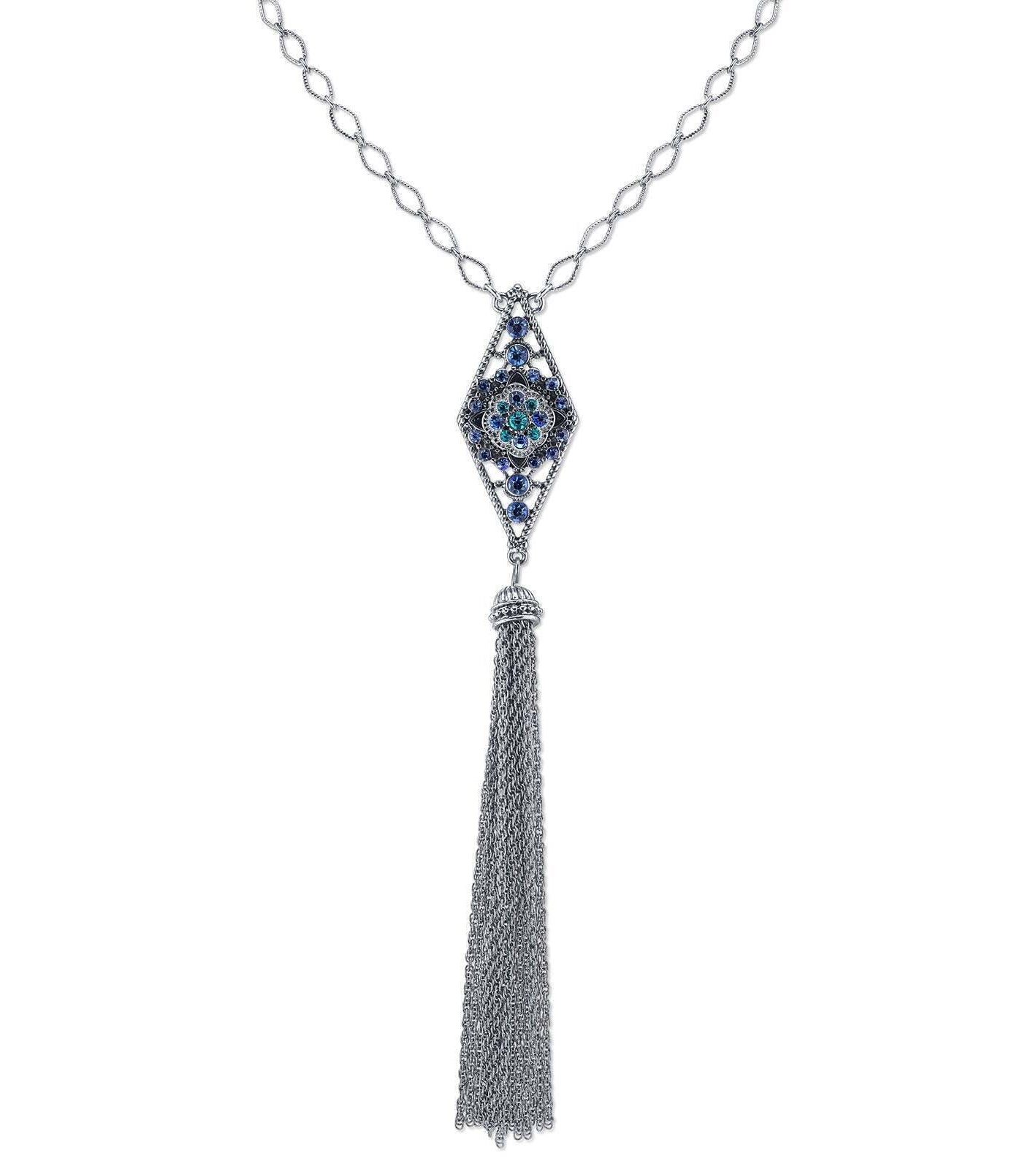 1928 Jewelry Multi Blue Crystal Diamond Link Chain Tassel Necklace 26"