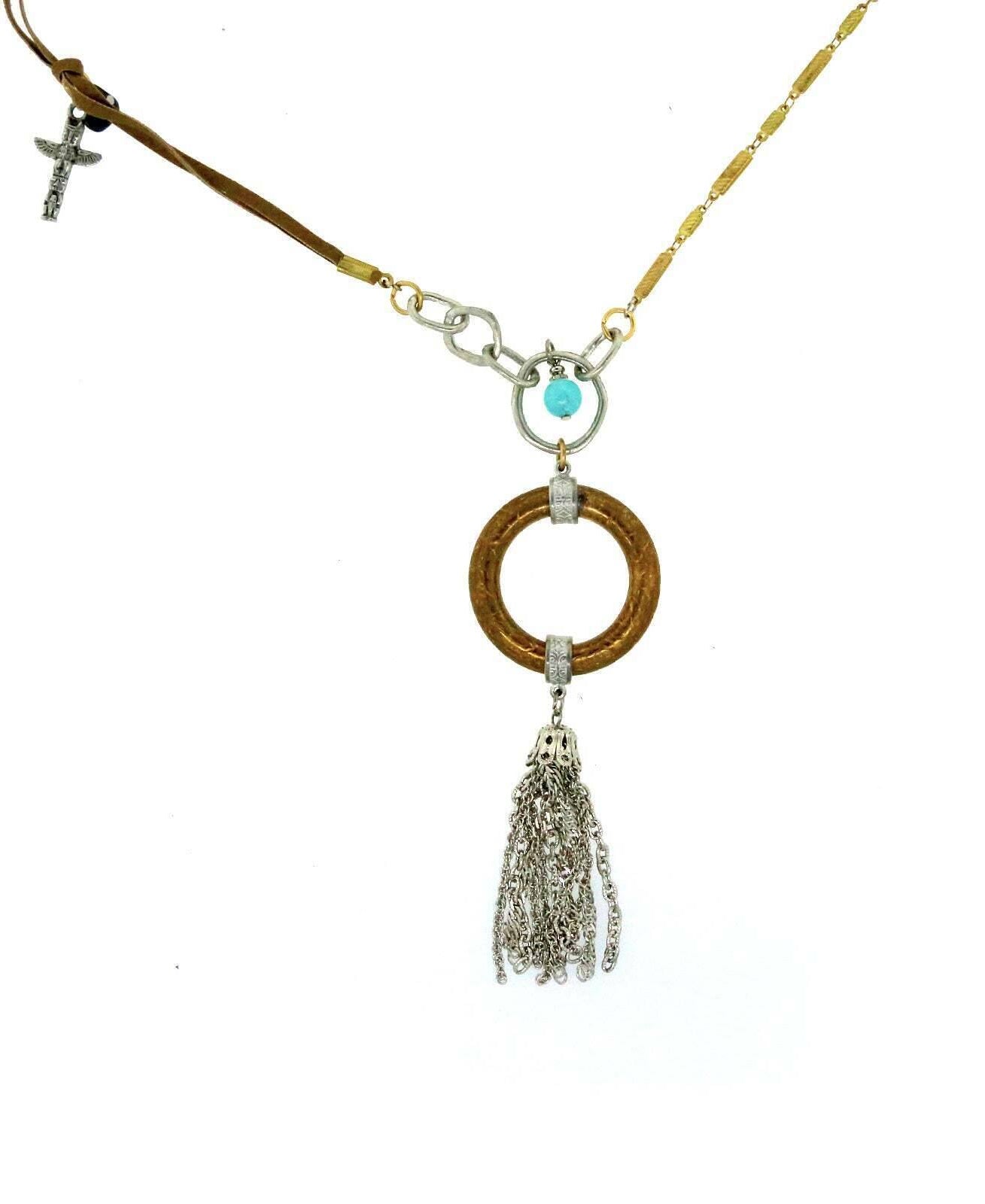 T.R.U. Genuine Howlite Turquoise Dyed Circle Tassel Drop Necklace 30"