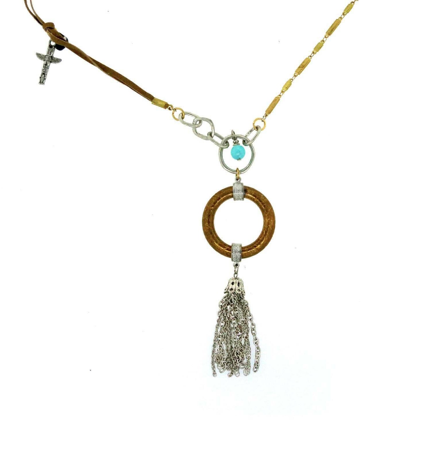 T.R.U. Genuine Howlite Turquoise Dyed Circle Tassel Drop Necklace 30"