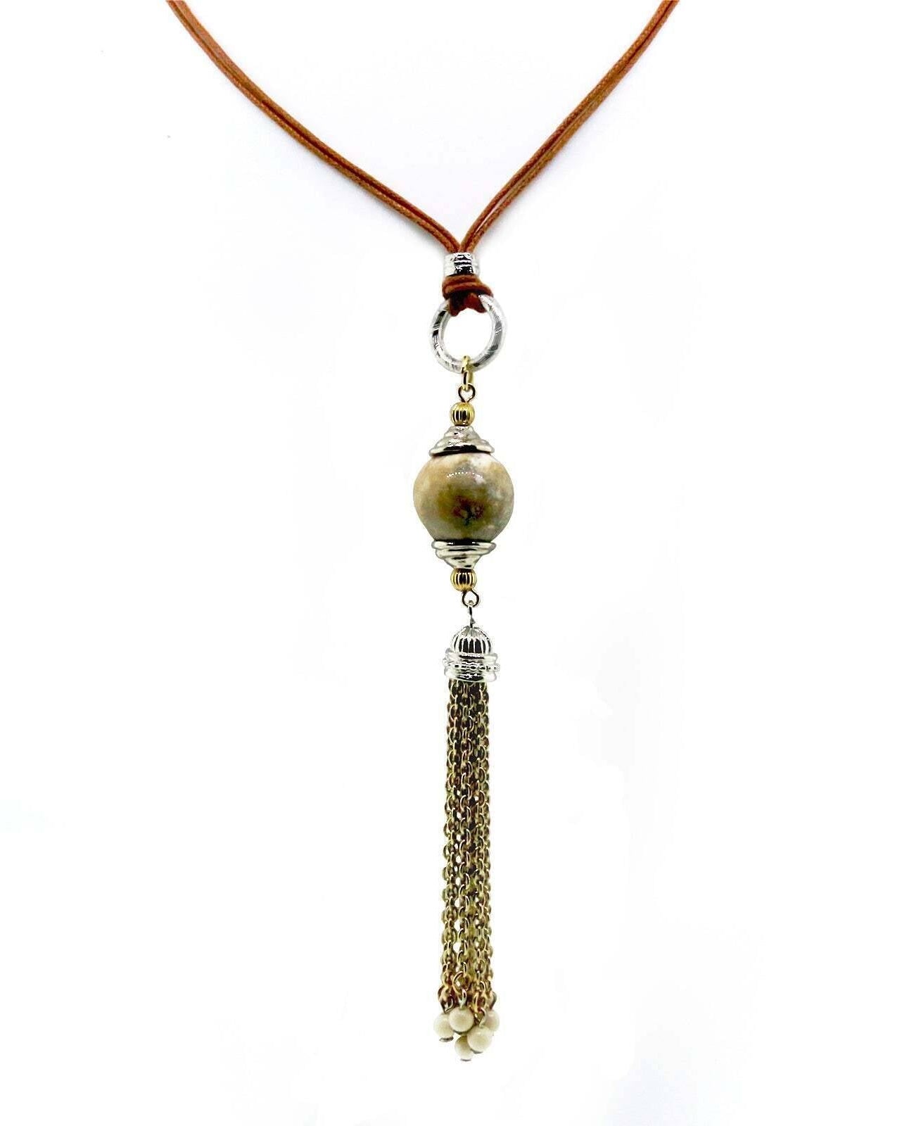 T.R.U. River Stone Gemstone Tan Wax Cotton Cord Gold Tassel Necklace 30"