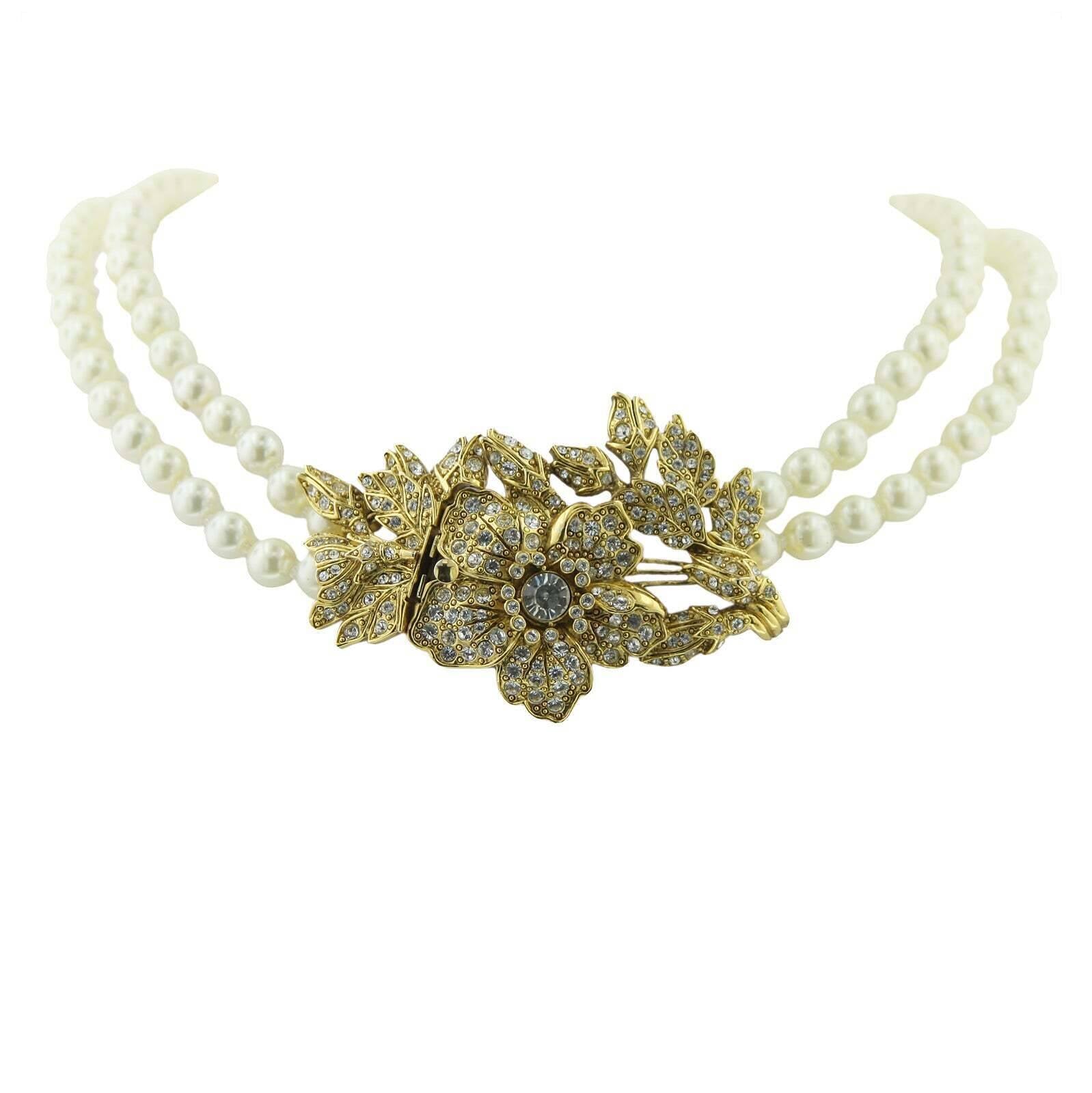 Antiquities Couture 8mm Faux Pearl Strand With Crystal Double Strand Flower Pendant Necklace 44"
