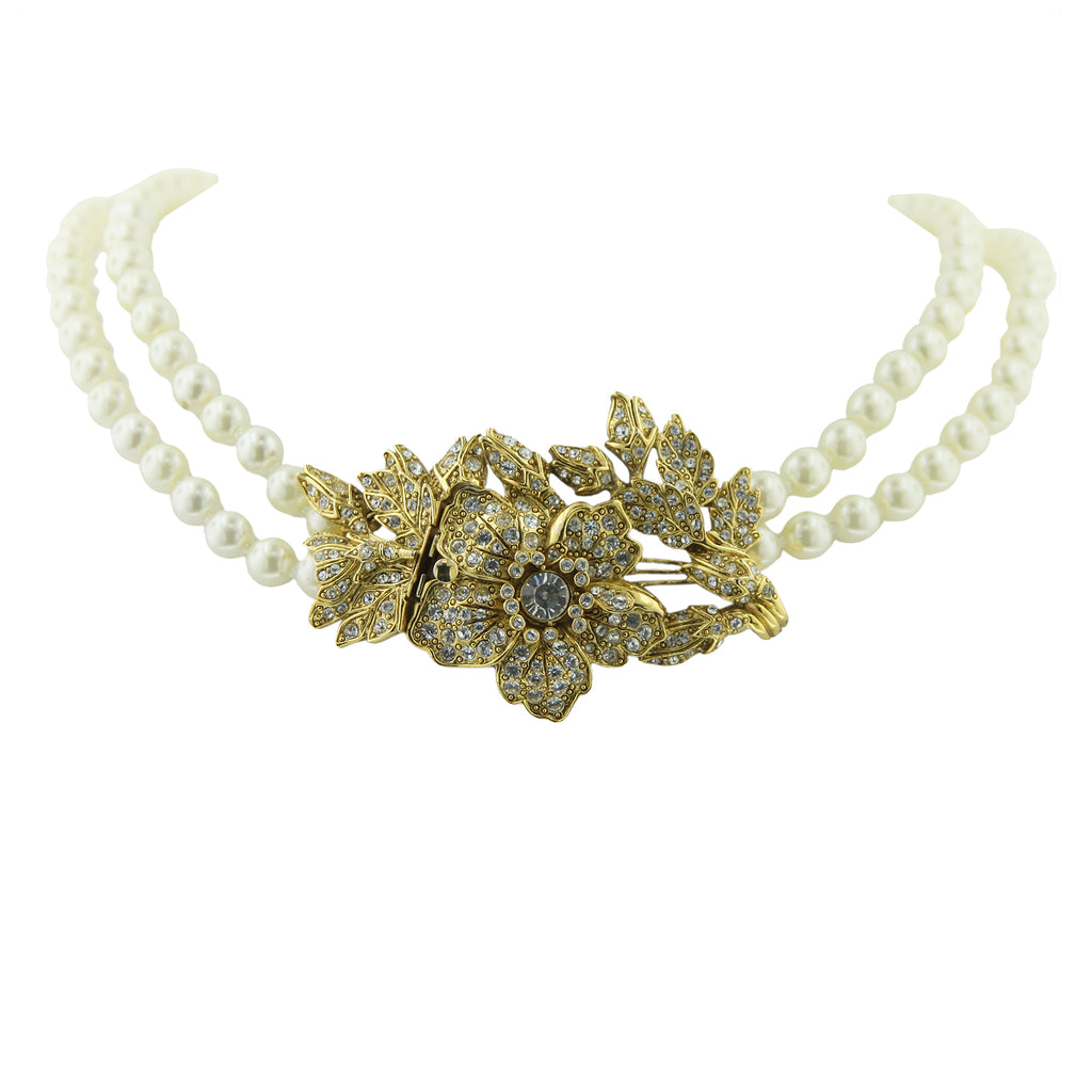 Faux Pearl With Crystal Double Strand Flower Necklace 44 Inches