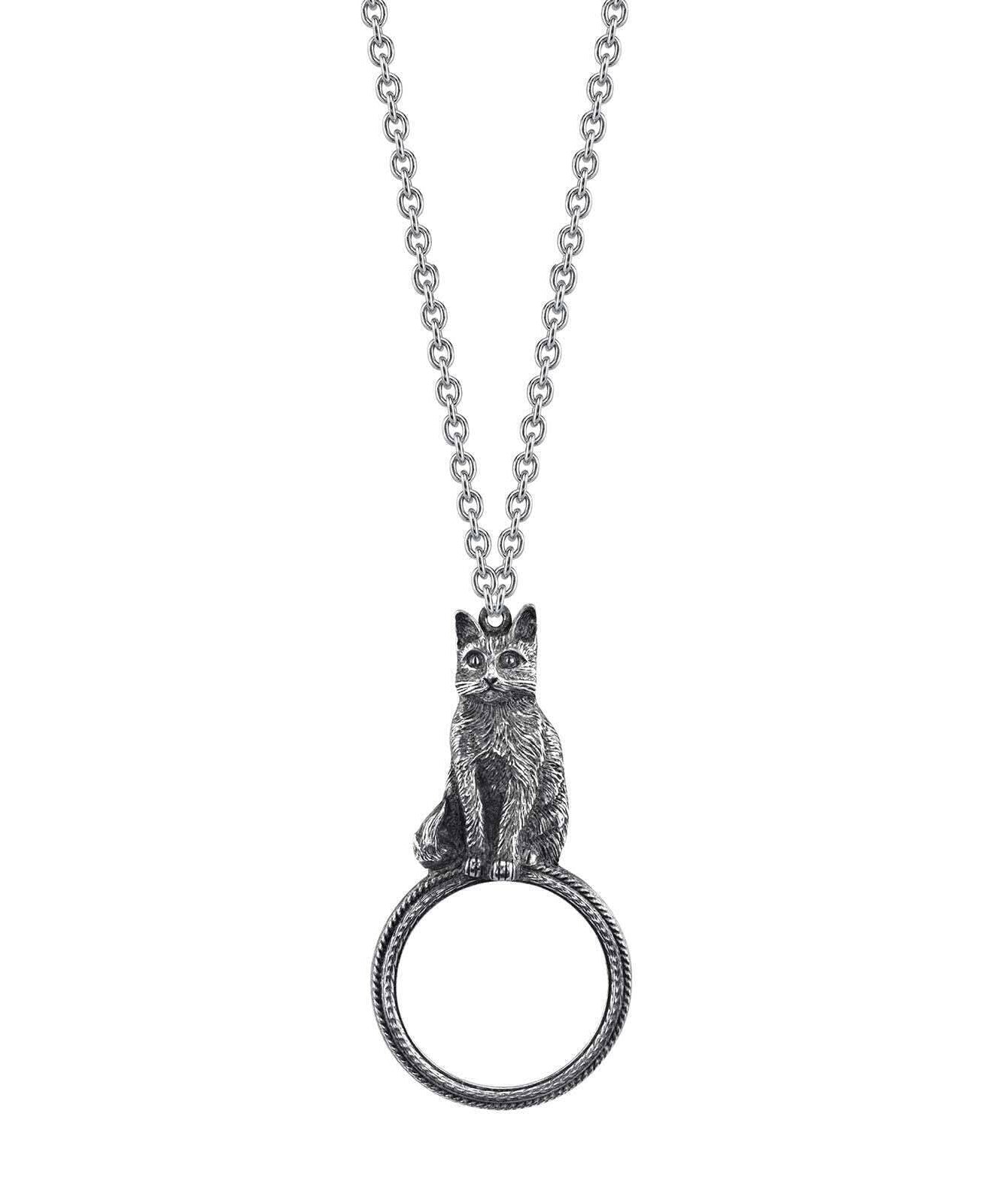 1928 Jewelry Antiqued Cat Magnifying Glass Pendant Necklace 30" - Magnification Power: 2-3X