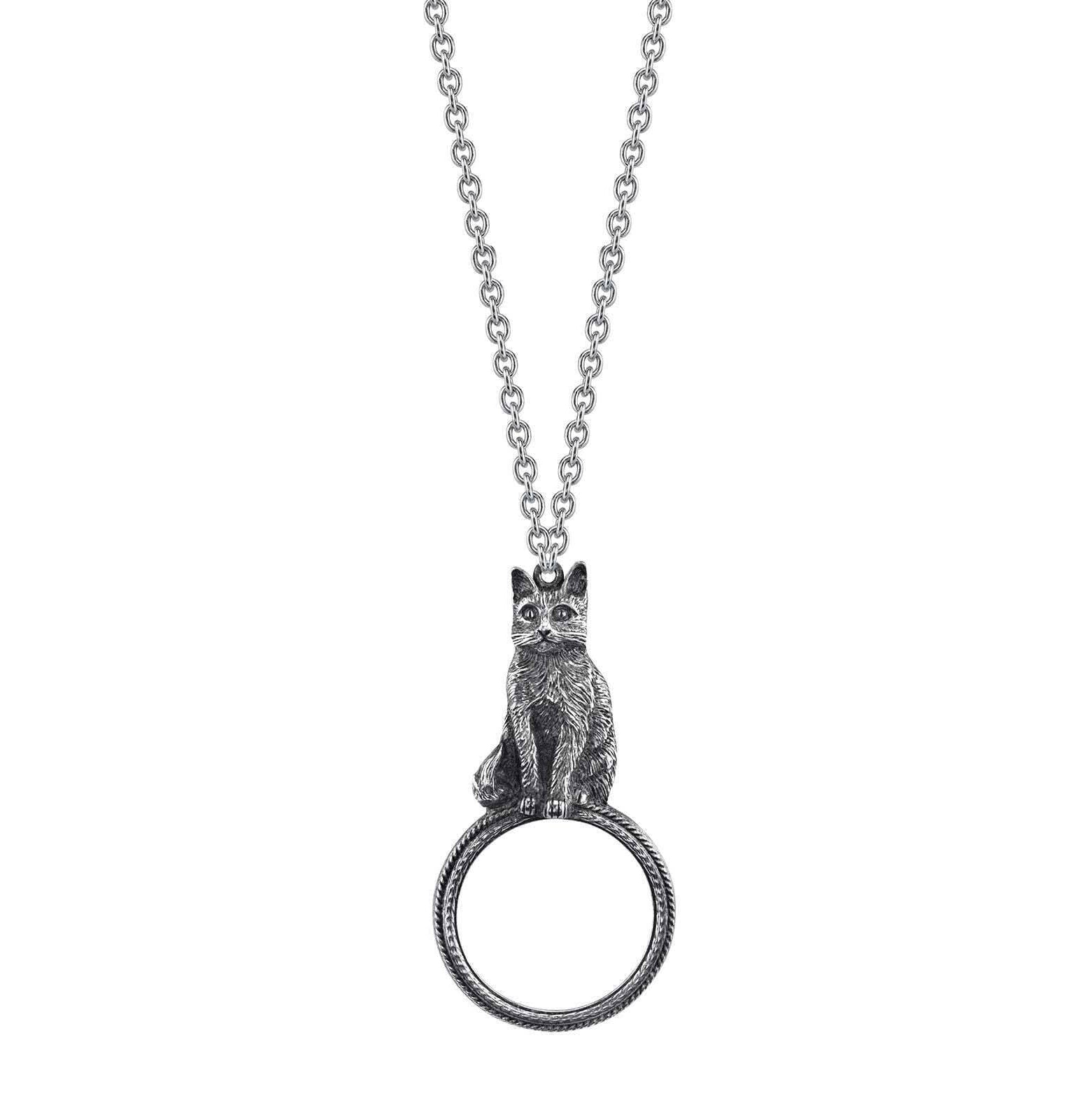 1928 Jewelry Antiqued Cat Magnifying Glass Pendant Necklace 30" - Magnification Power: 2-3X