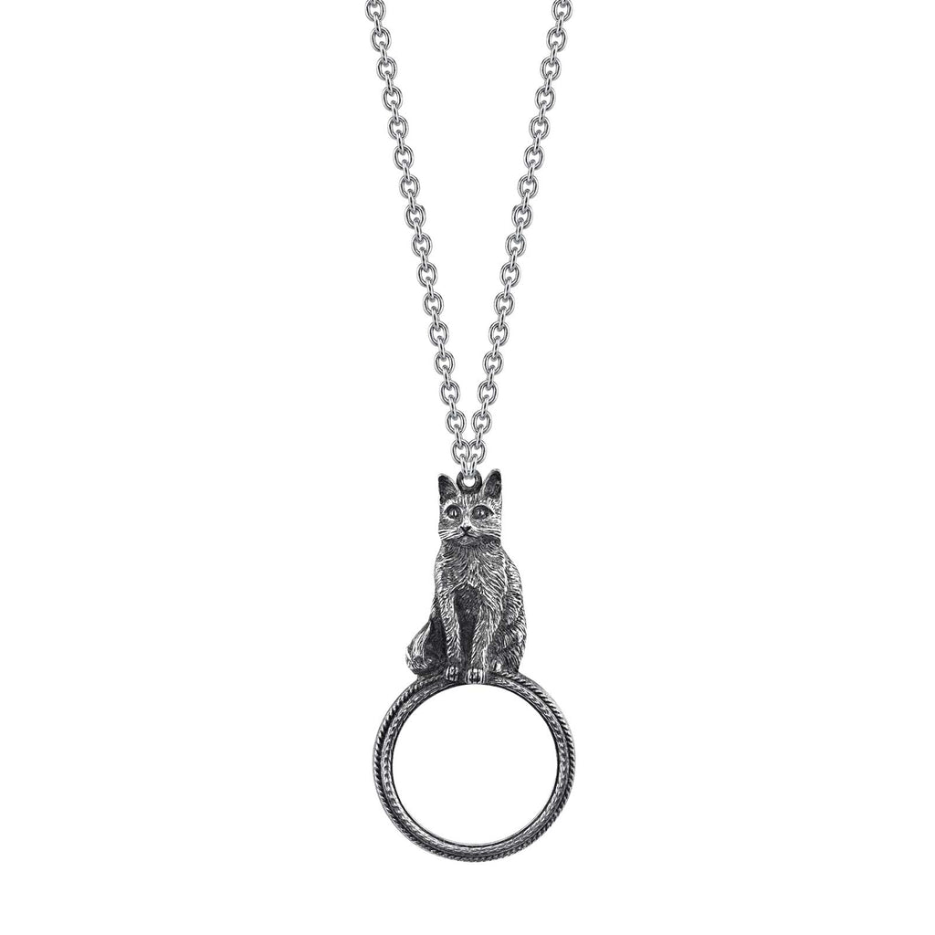 Pewter Cat Magnifying Glass Pendant Necklace 30 In