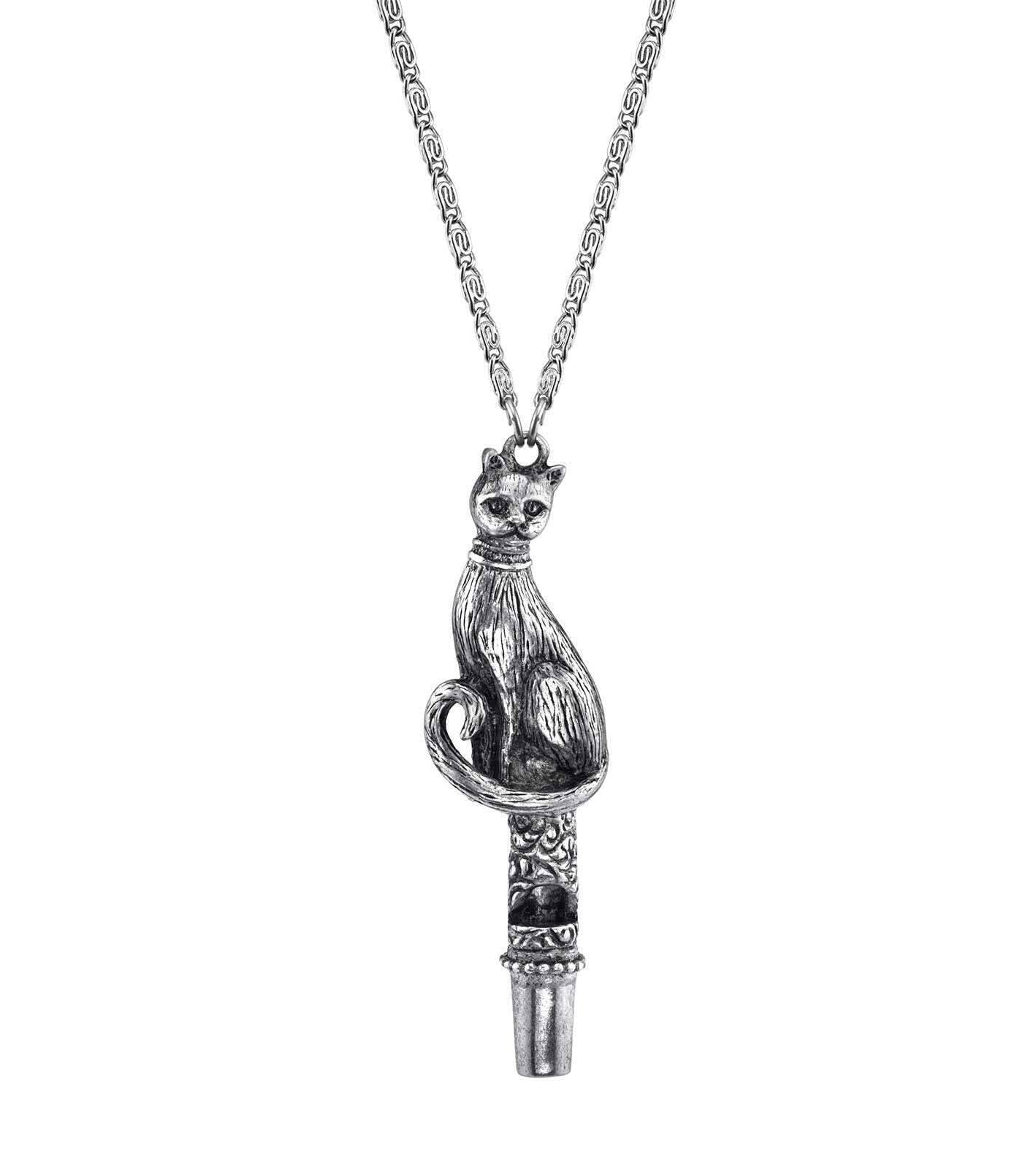 1928 Jewelry Antiqued Pewter Cat Whistle Pendant Necklace 30"