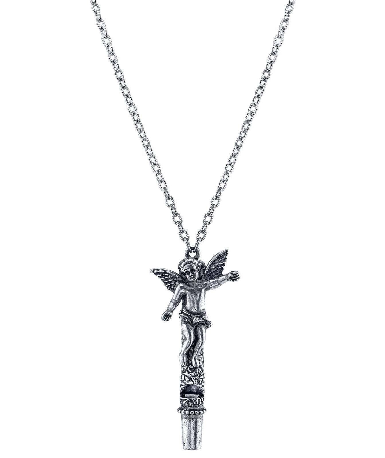 1928 Jewelry Antiqued Pewter Angel Whistle Pendant Necklace 30"