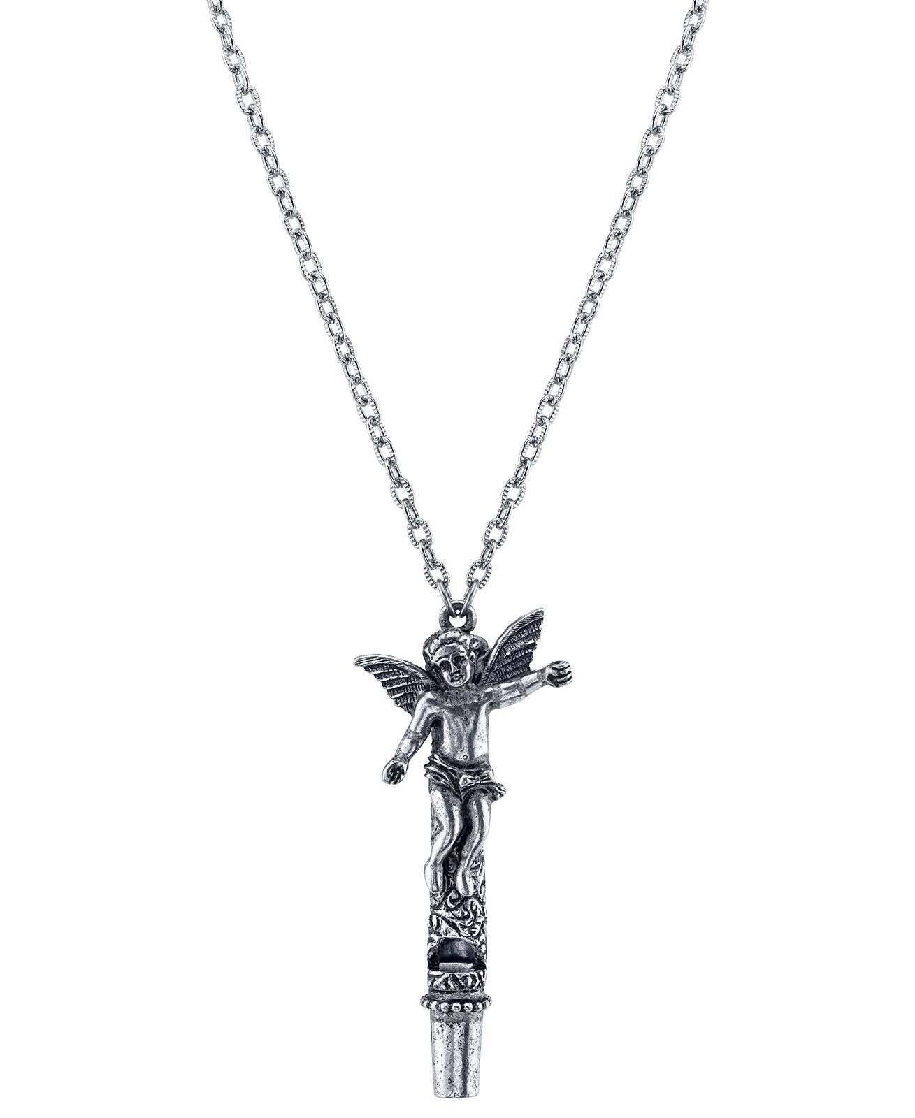 1928 Jewelry Antiqued Pewter Angel Whistle Pendant Necklace 30"