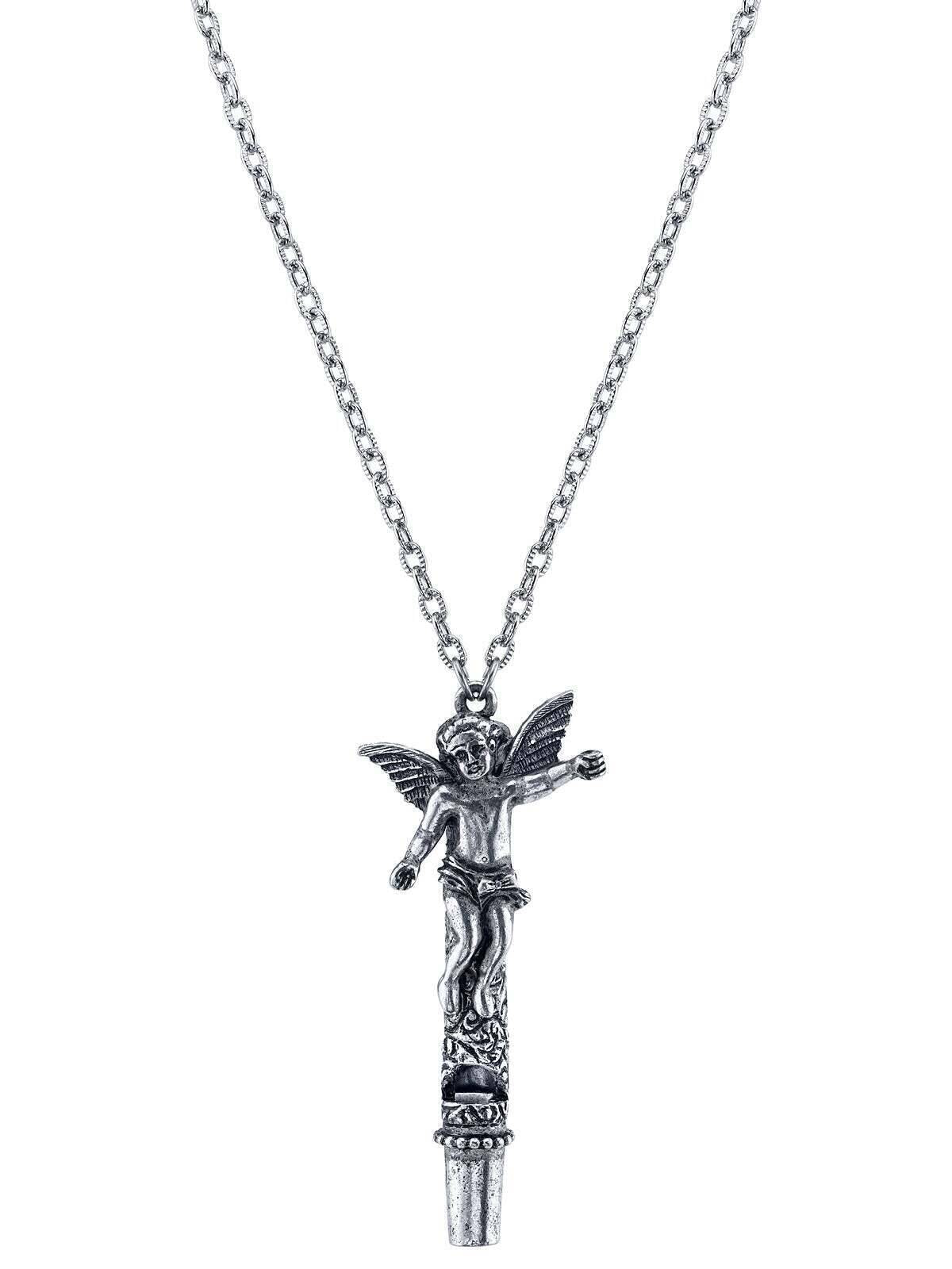 1928 Jewelry Antiqued Pewter Angel Whistle Pendant Necklace 30"