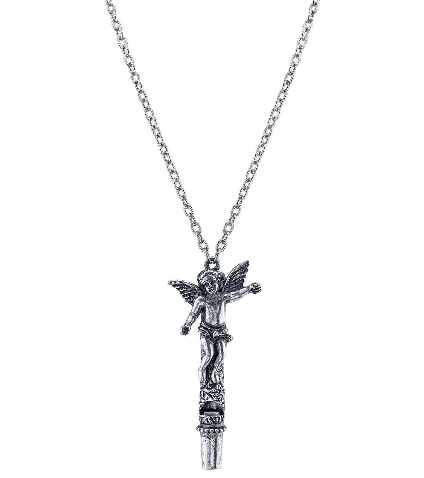 1928 Jewelry Antiqued Pewter Angel Whistle Pendant Necklace 30"