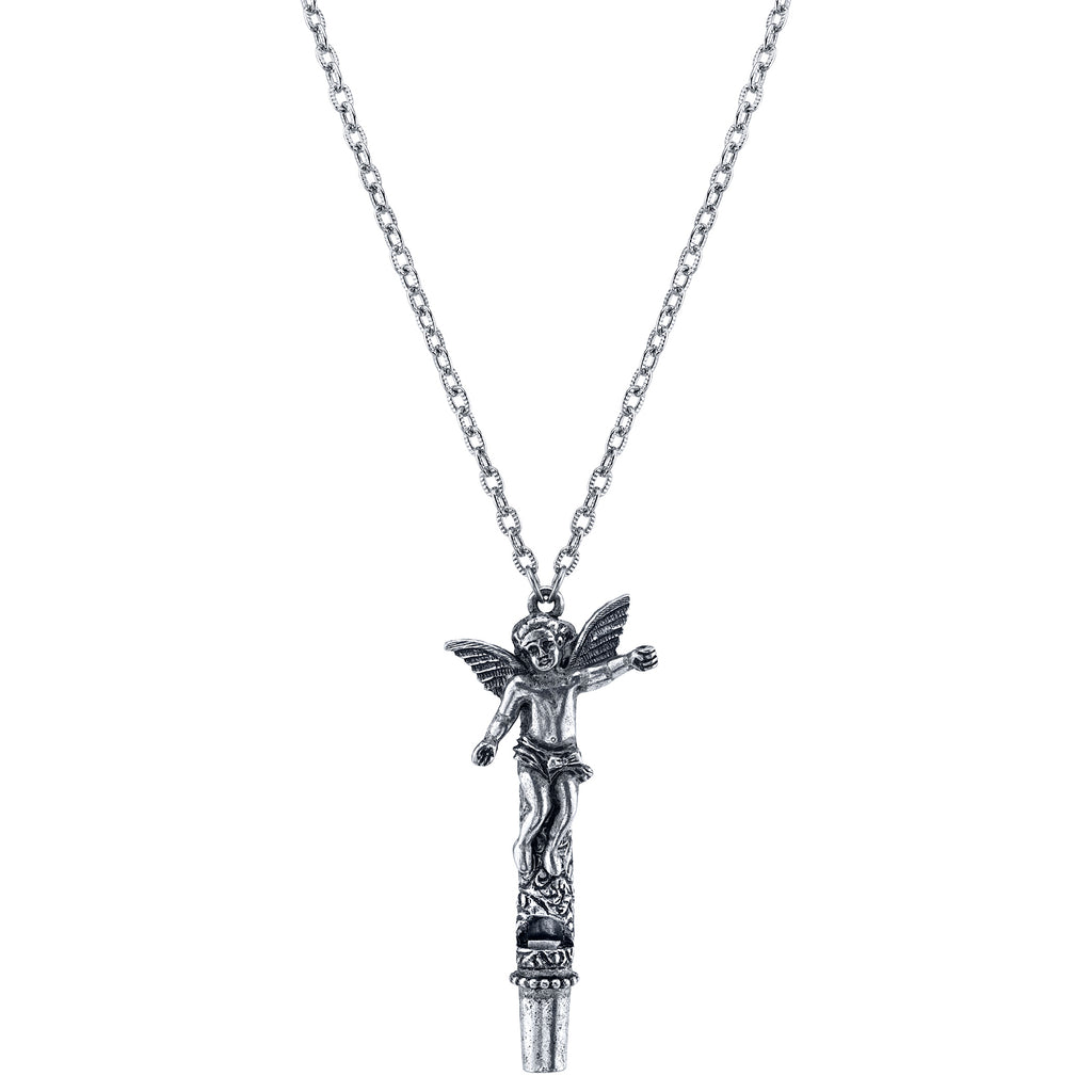 Antiqued Pewter Angel Whistle Pendant Necklace 30 Inch