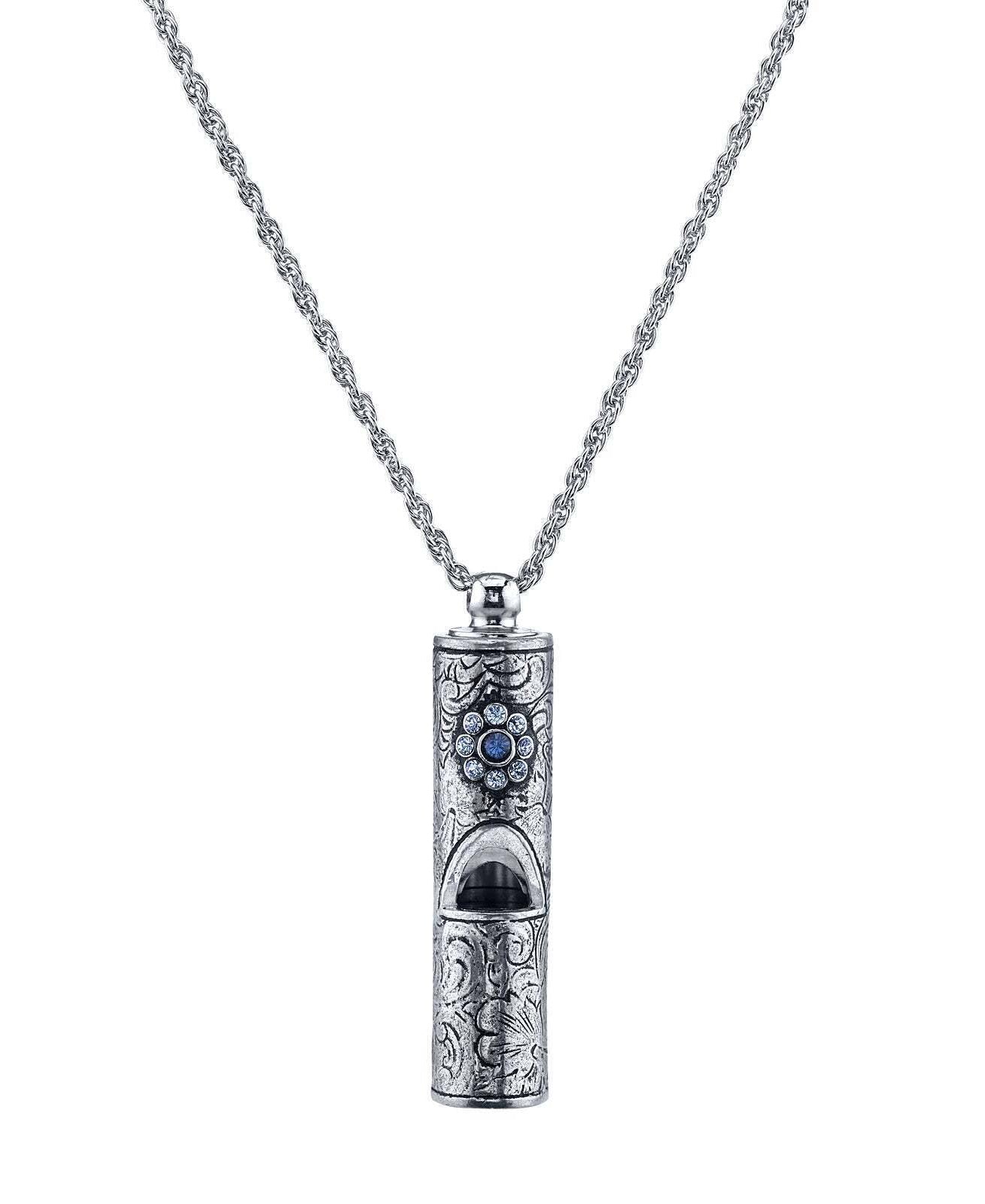 1928 Jewelry Antiqued Pewter Whistle With Flower Necklace 28"