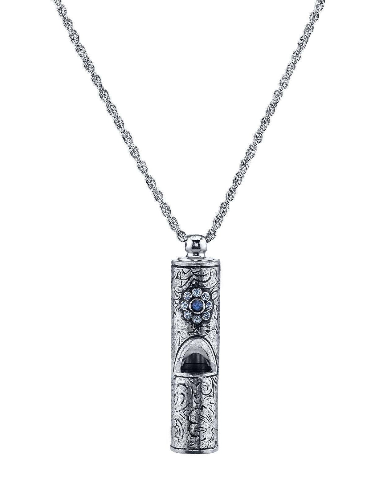 1928 Jewelry Antiqued Pewter Whistle With Flower Necklace 28"
