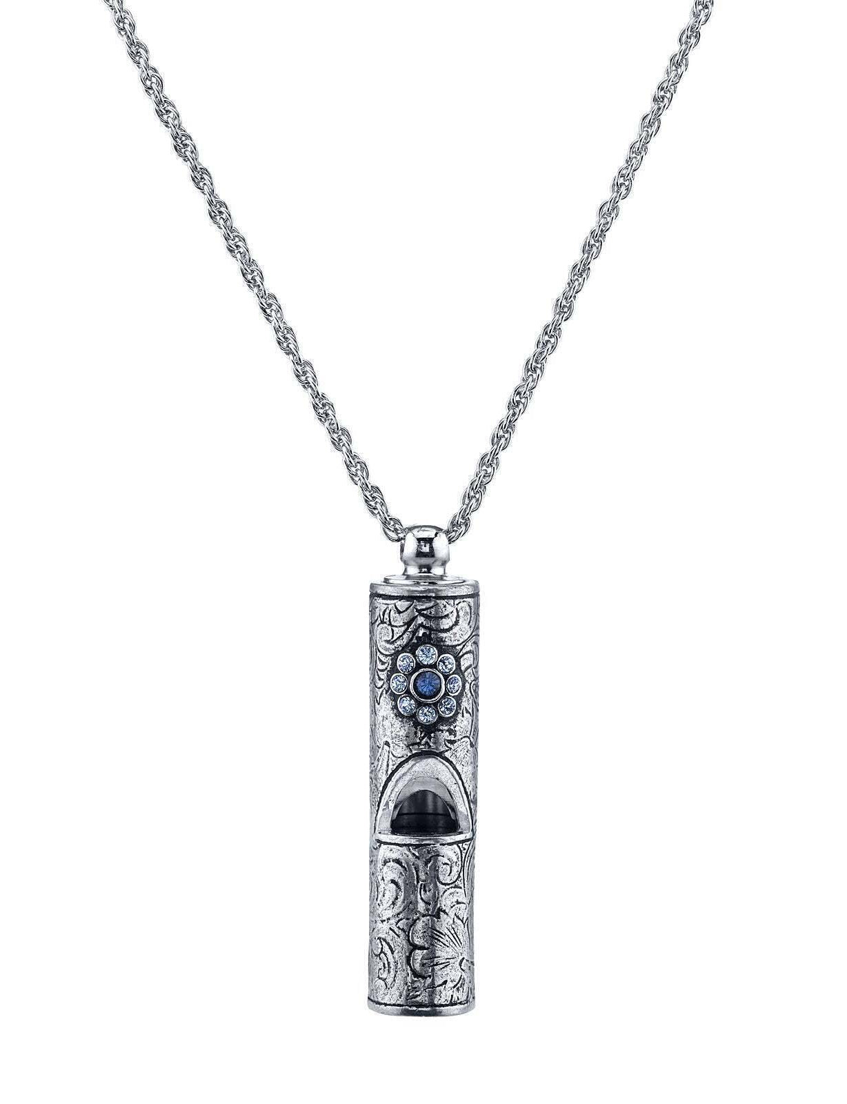 1928 Jewelry Antiqued Pewter Whistle With Flower Necklace 28"
