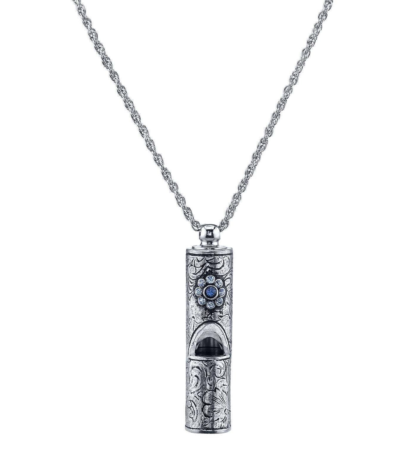 1928 Jewelry Antiqued Pewter Whistle With Flower Necklace 28"