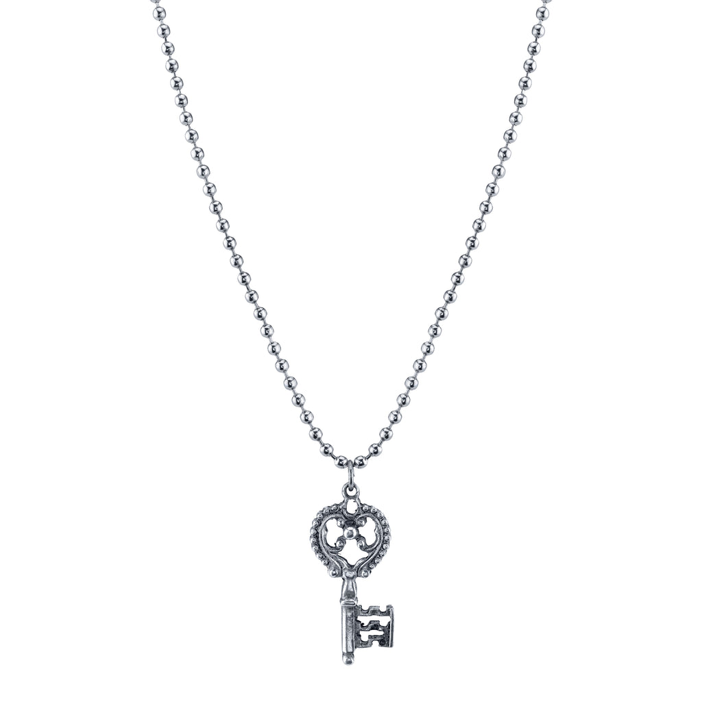 Silver Tone Key Necklace 24 In