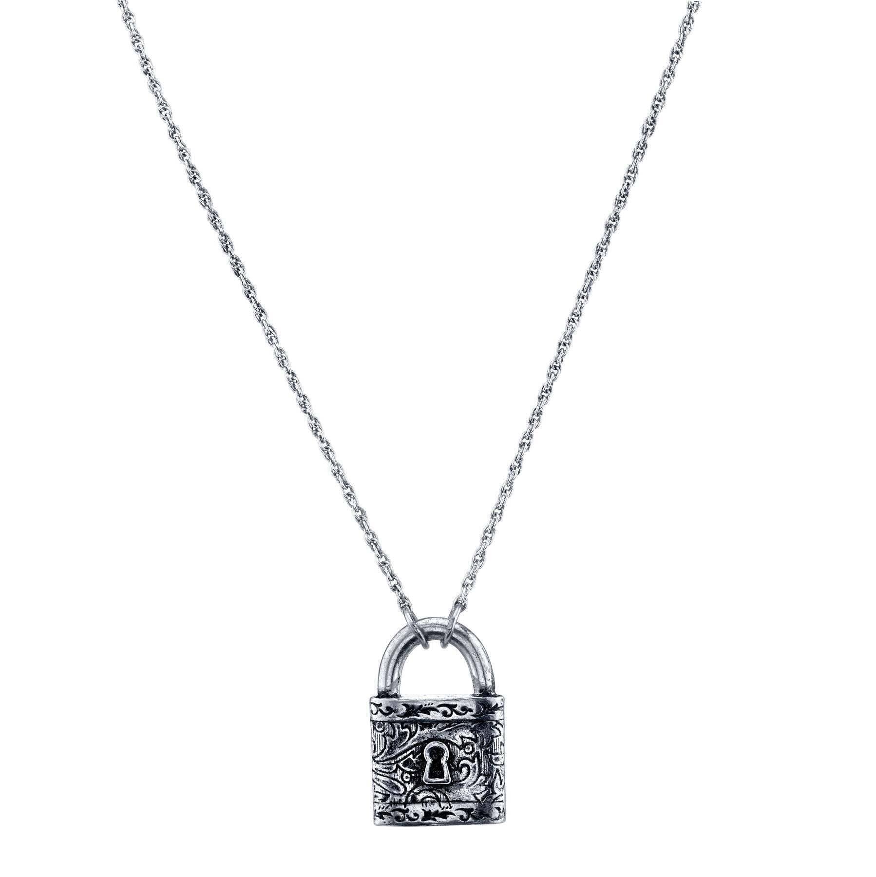1928 Jewelry Antiqued Old Fashioned Padlock Pendant Necklace 28"