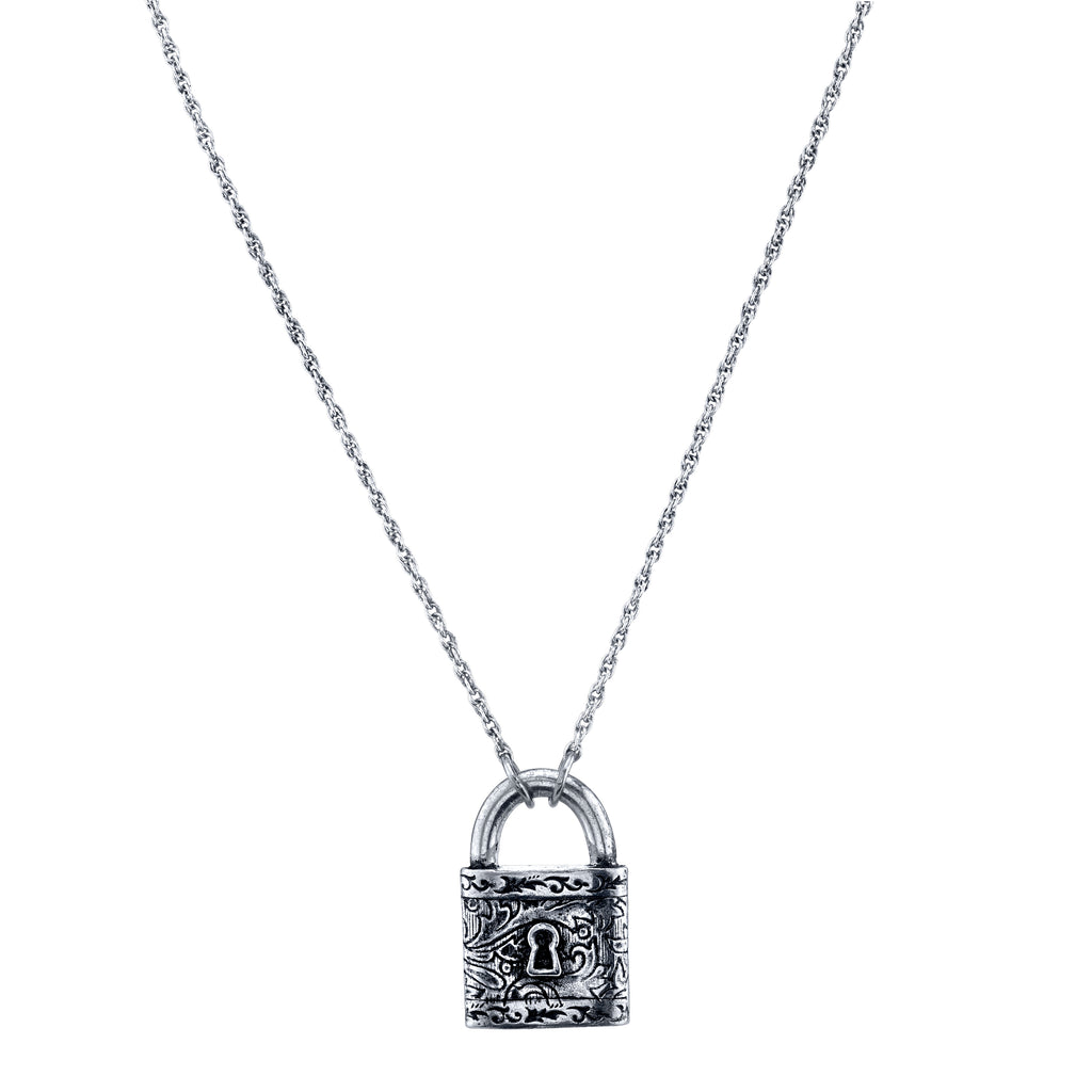 Silver Tone Paddle Lock Necklace 28 In