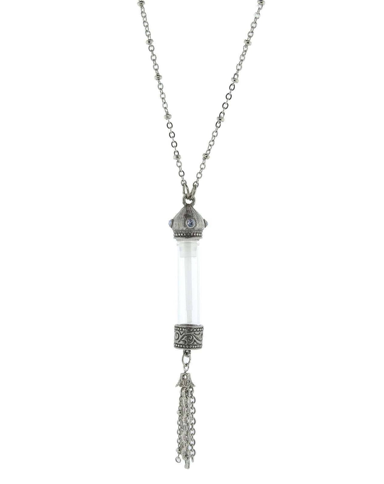1928 Jewelry Antiqued Blue Crystal Stone Glass Vial Tassel Necklace 30"