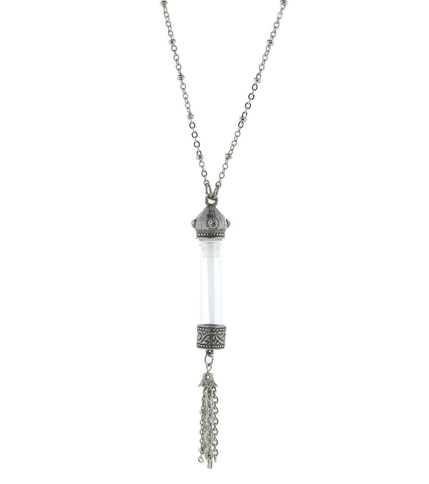 1928 Jewelry Antiqued Blue Crystal Stone Glass Vial Tassel Necklace 30"
